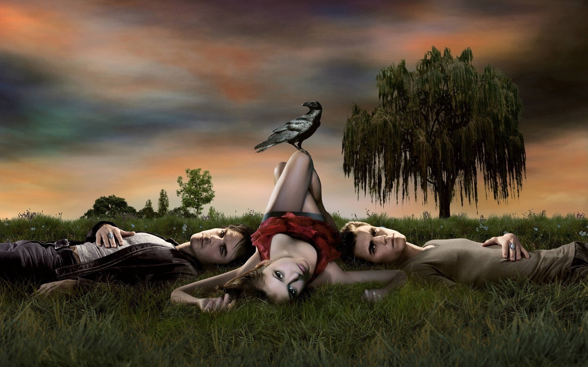 cloud - sky, plant, relaxation, arms raised, lying on back, outdoors, Elena Gilbert, young men, field, Nina Dobrev, land, grass, people, leisure activity, HD Wallpaper