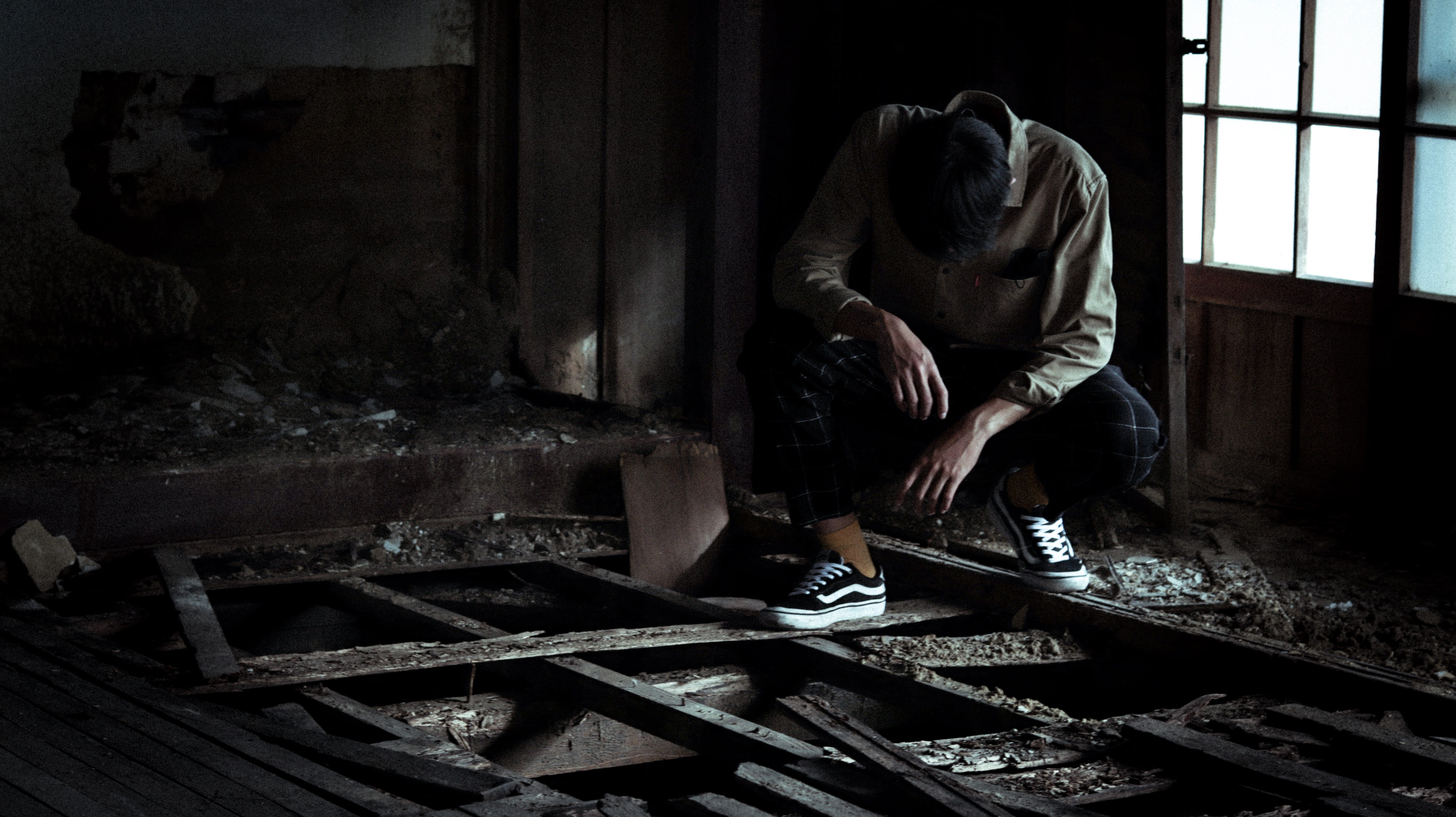 disappointment, dress, depression - sadness, sitting, sadness, one person, building, abandoned, clothing, apparel, three quarter length, full length, front view, HD Wallpaper