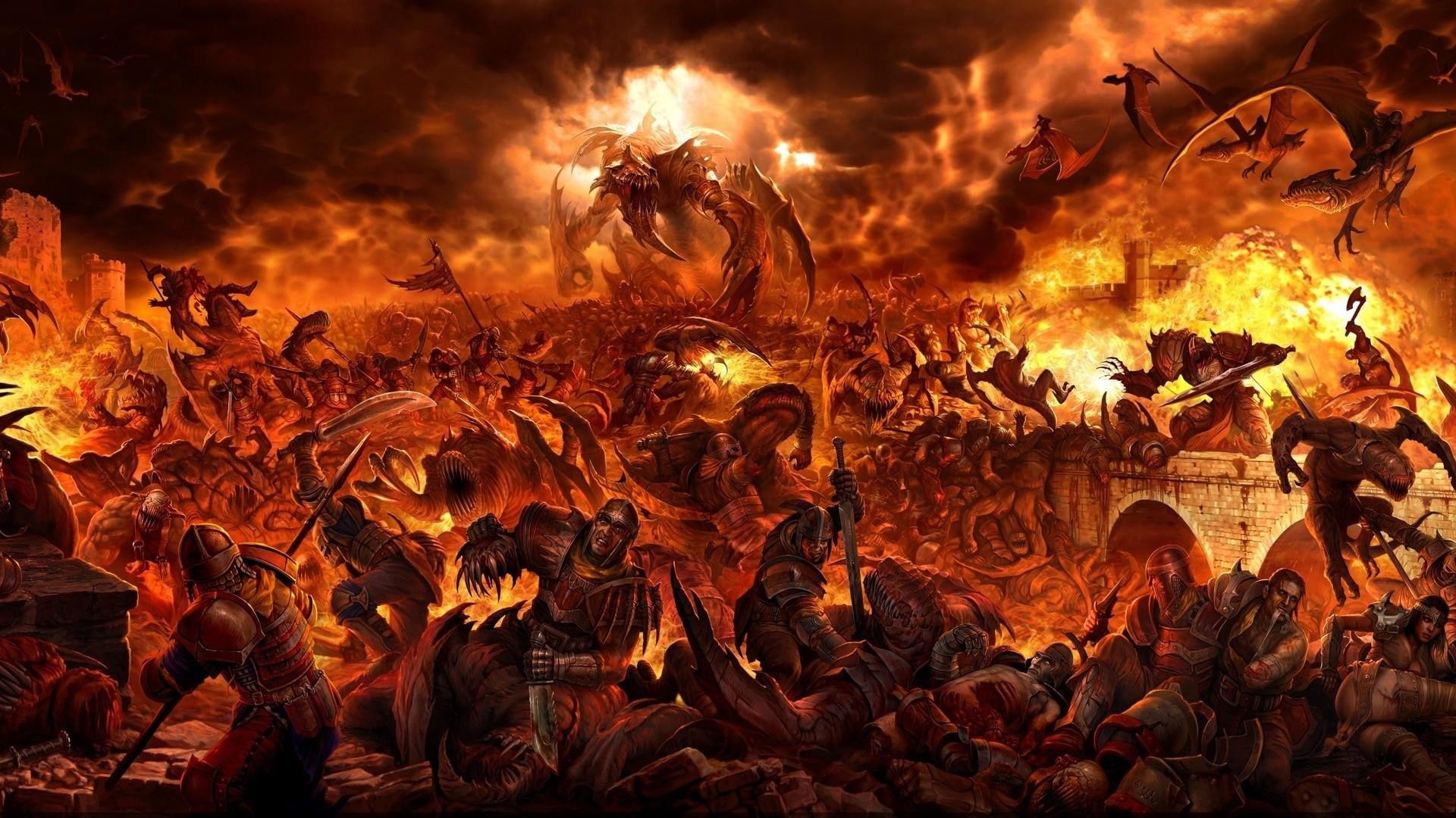 digital art, creature, fantasy art, giant, 1080P, warrior, sword, dragon, soldier, clouds, battle, fire, HD Wallpaper