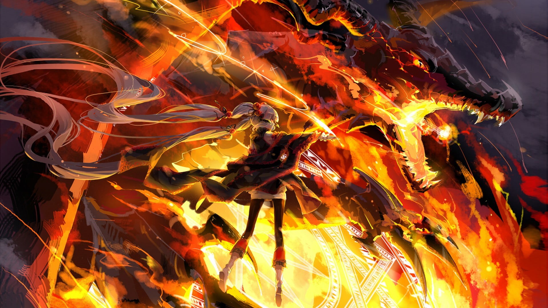 night, orange color, burning, heat - temperature, flame, Pixiv Fantasia, no people, full frame, original characters, fire - natural phenomenon, pattern, HD Wallpaper