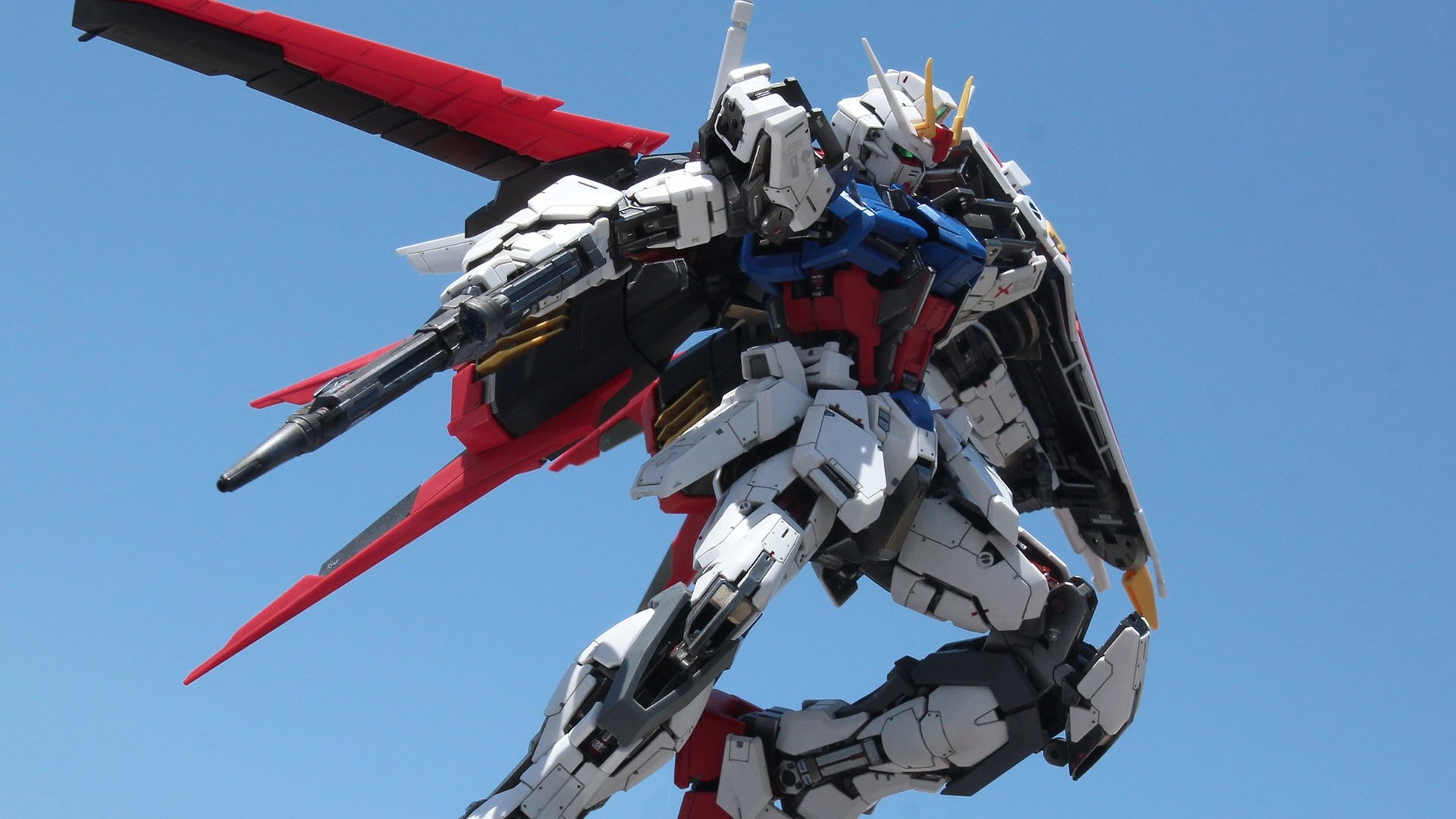 airplane, clear sky, no people, outdoors, sky, sunny, sunlight, Josh Darrah, transportation, figurine, mech, on the move, military, Gundam, flying, low angle view, HD Wallpaper