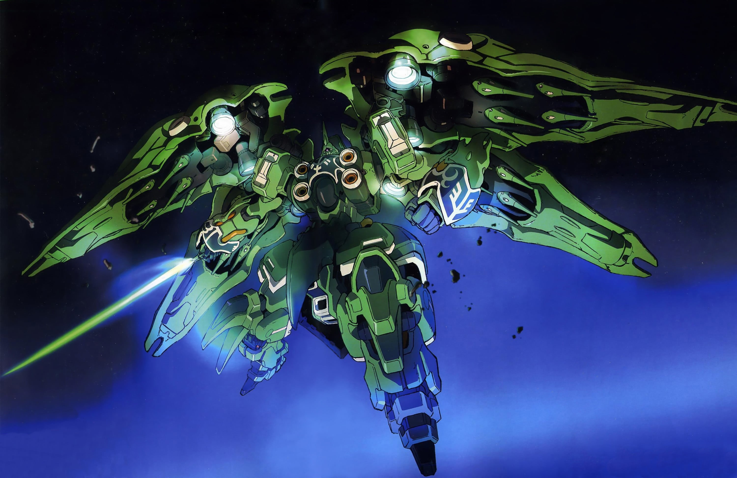 Gundam, blue background, creativity, abstract, multi colored, green, illustration, no people, 2K, paint, close-up, nature, Mobile Suit Gundam Unicorn, HD Wallpaper