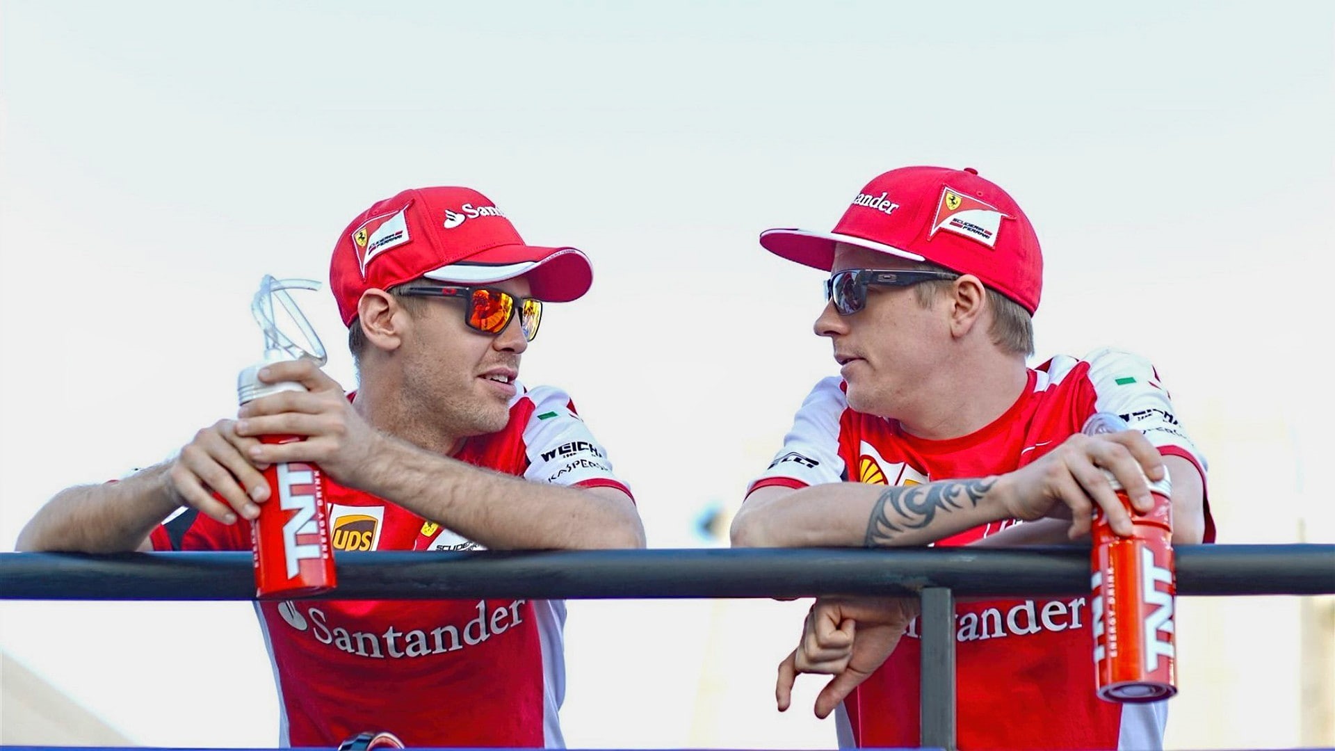 Formula 1, protection, safety, communication, young men, men, front view, two people, people, Kimi Raikkonen, ferrari formula 1, clothing, headwear, Ferrari F1, HD Wallpaper