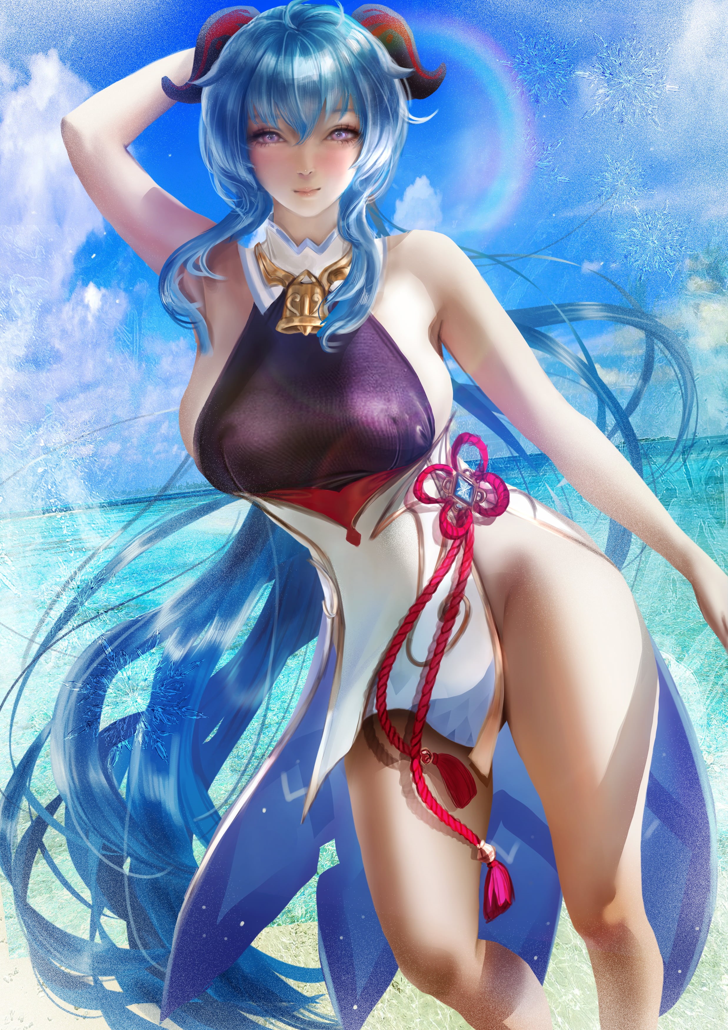 fantasy girl, illustration, drawing, Genshin Impact, blue hair, women, Donyta, long hair, video game art, digital art, looking at viewer, video game characters, Phone HD Wallpaper