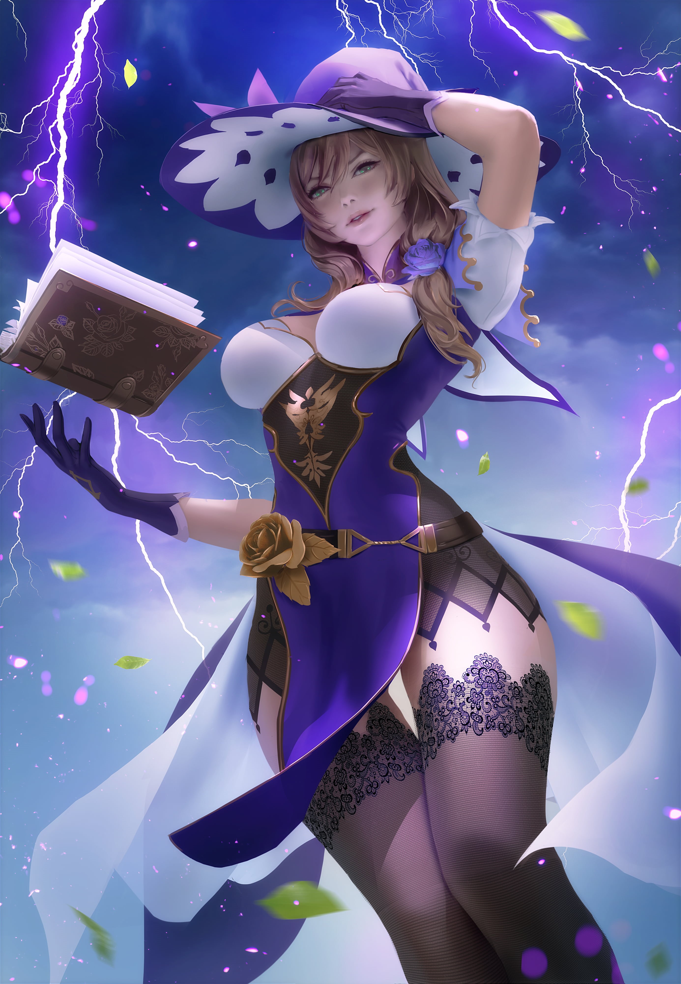 brunette, gloves, fan art, Genshin Impact, drawing, Zarory, video game art, video game girls, video game characters, Lisa (Genshin Impact), fantasy girl, Phone HD Wallpaper