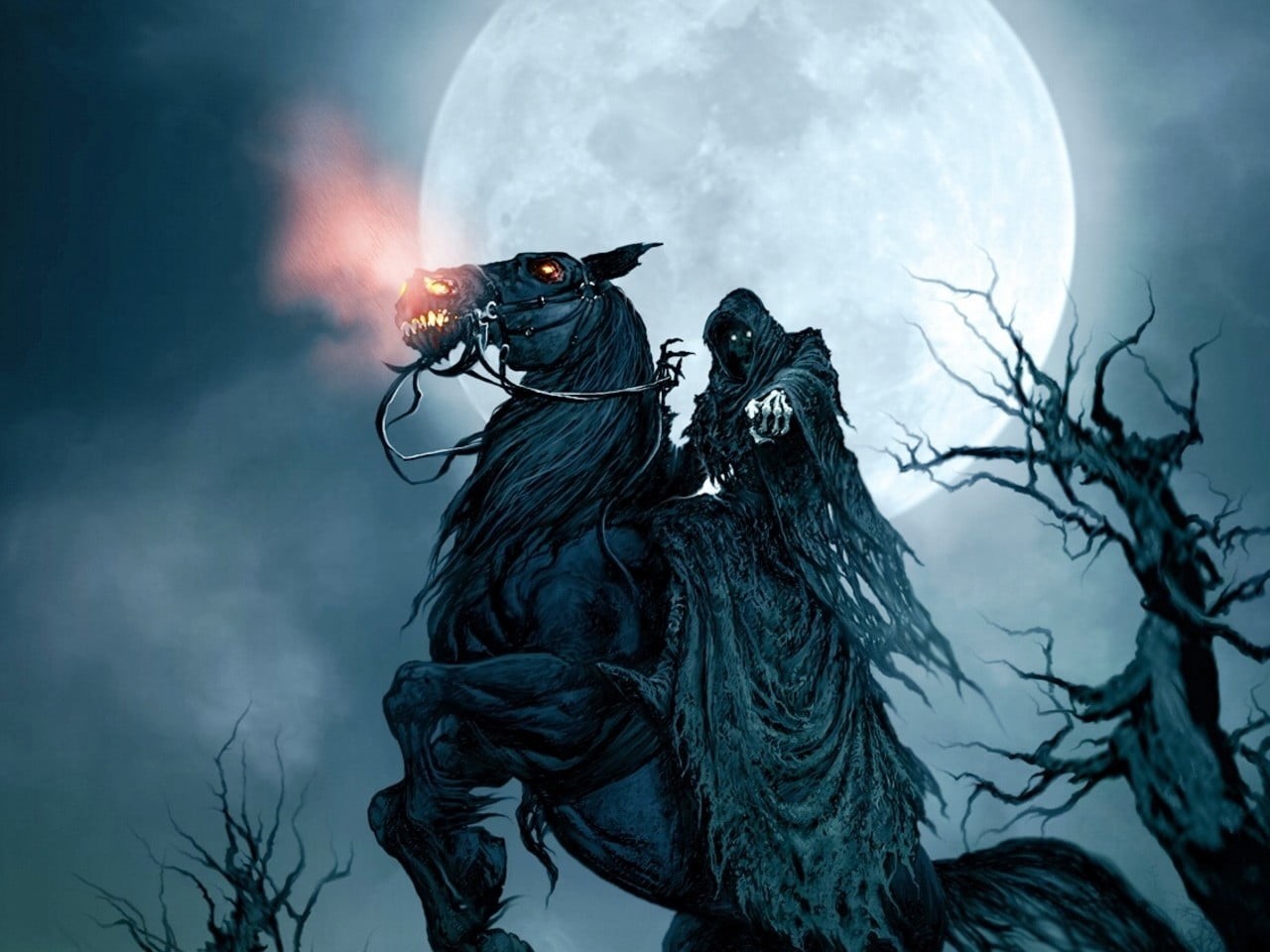 tree, fear, ominous, illustration, fantasy art, horse, evil, celebration, nature, riding, Grim Reaper, mystery, creativity, witch, full moon, sky, trees, HD Wallpaper