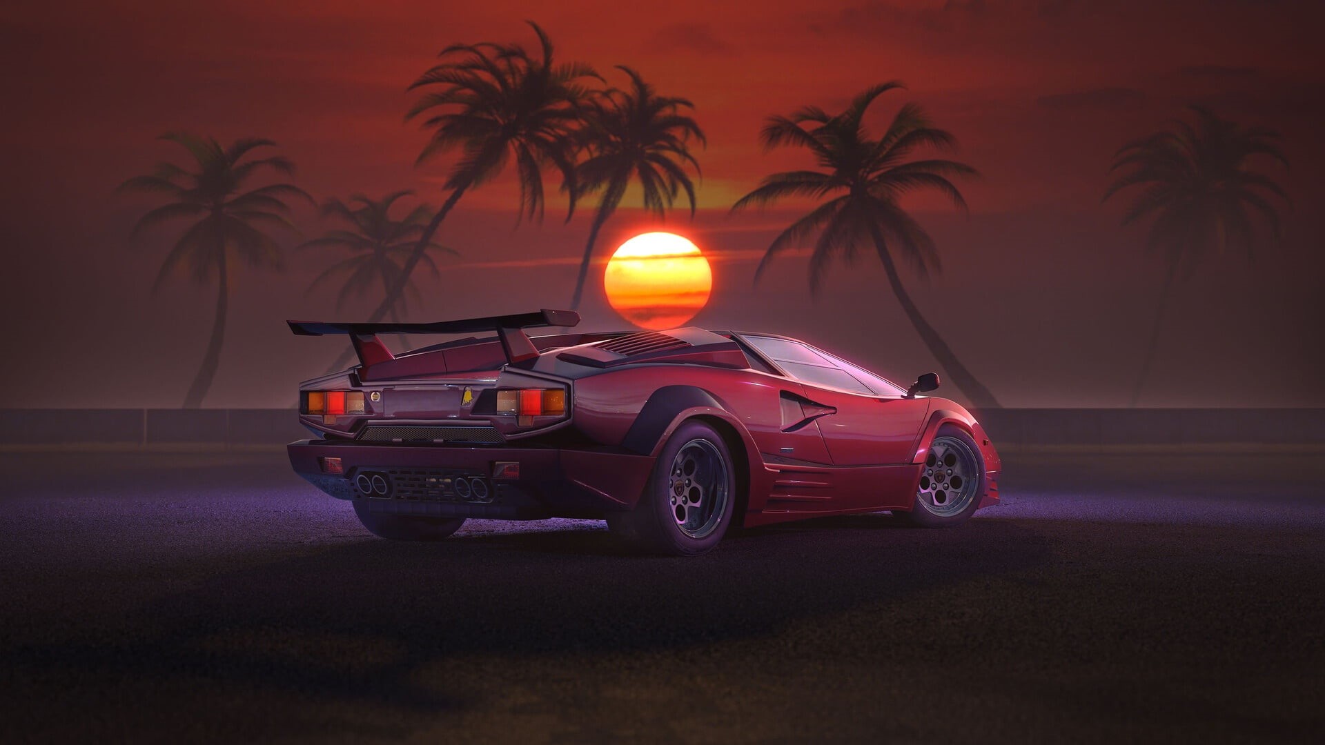 Lamborghini Countach, 1080P, vehicle, Retrowave, digital art, car, red cars, HD Wallpaper