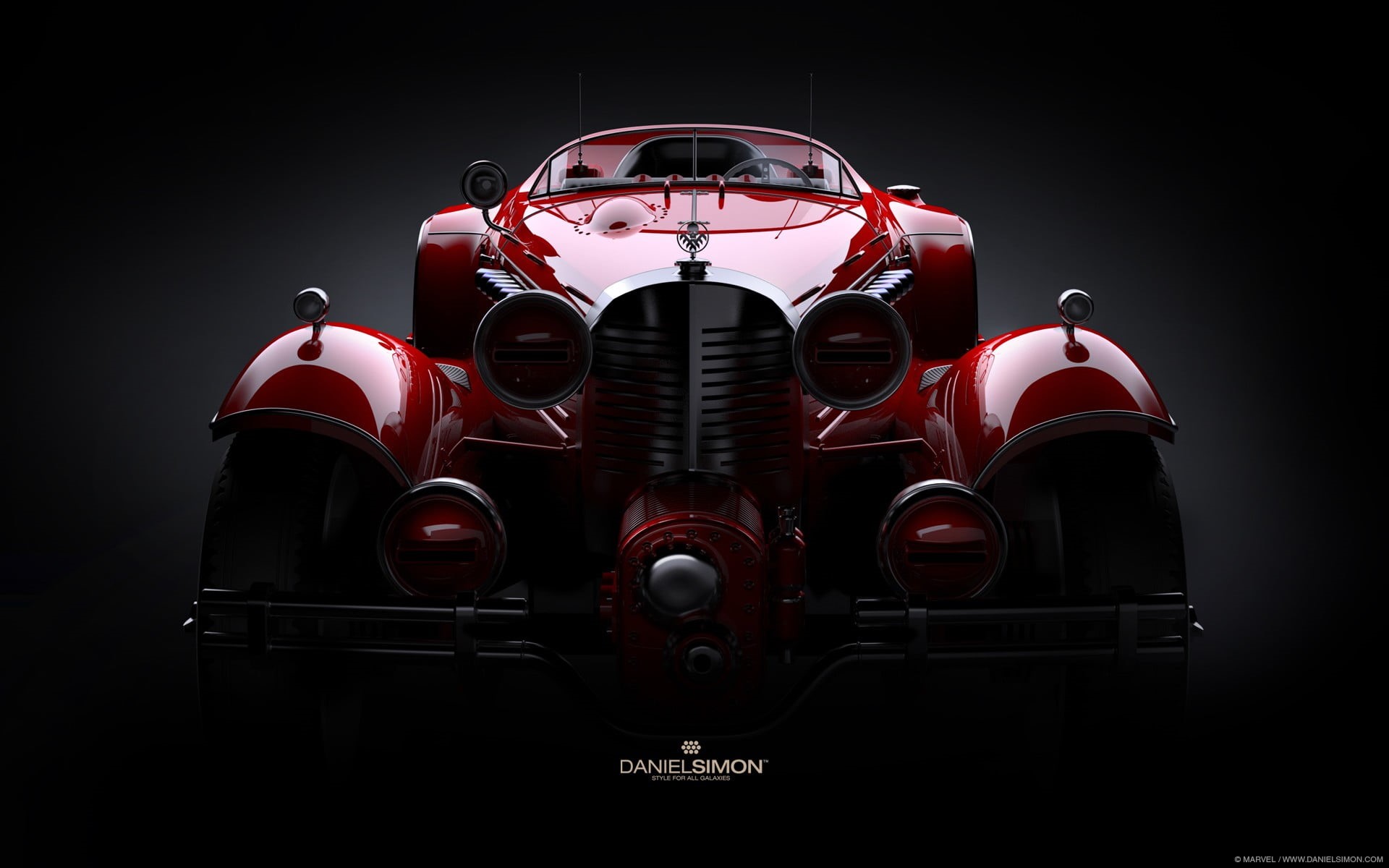 black background, mode of transportation, digital art, indoors, vintage, red cars, studio shot, car, 1080P, close-up, danelsmon, Marvel Comics, machinery, HD Wallpaper