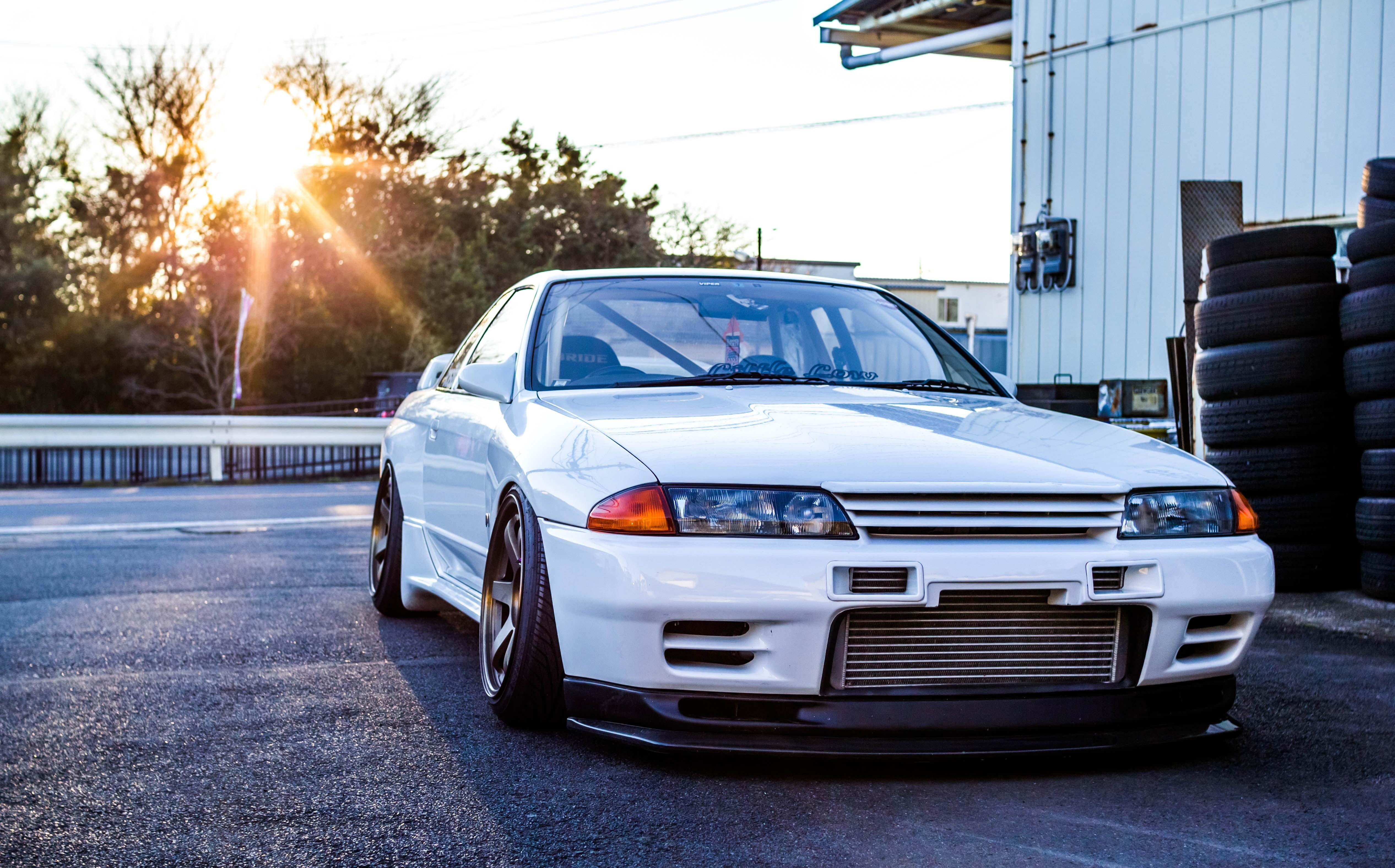 luxury, sunset, shiny, street, r32, black Color, new, nature, white, road, city, car, land Vehicle, mode of Transport, sunlight, nissan, sun, building exterior, HD Wallpaper
