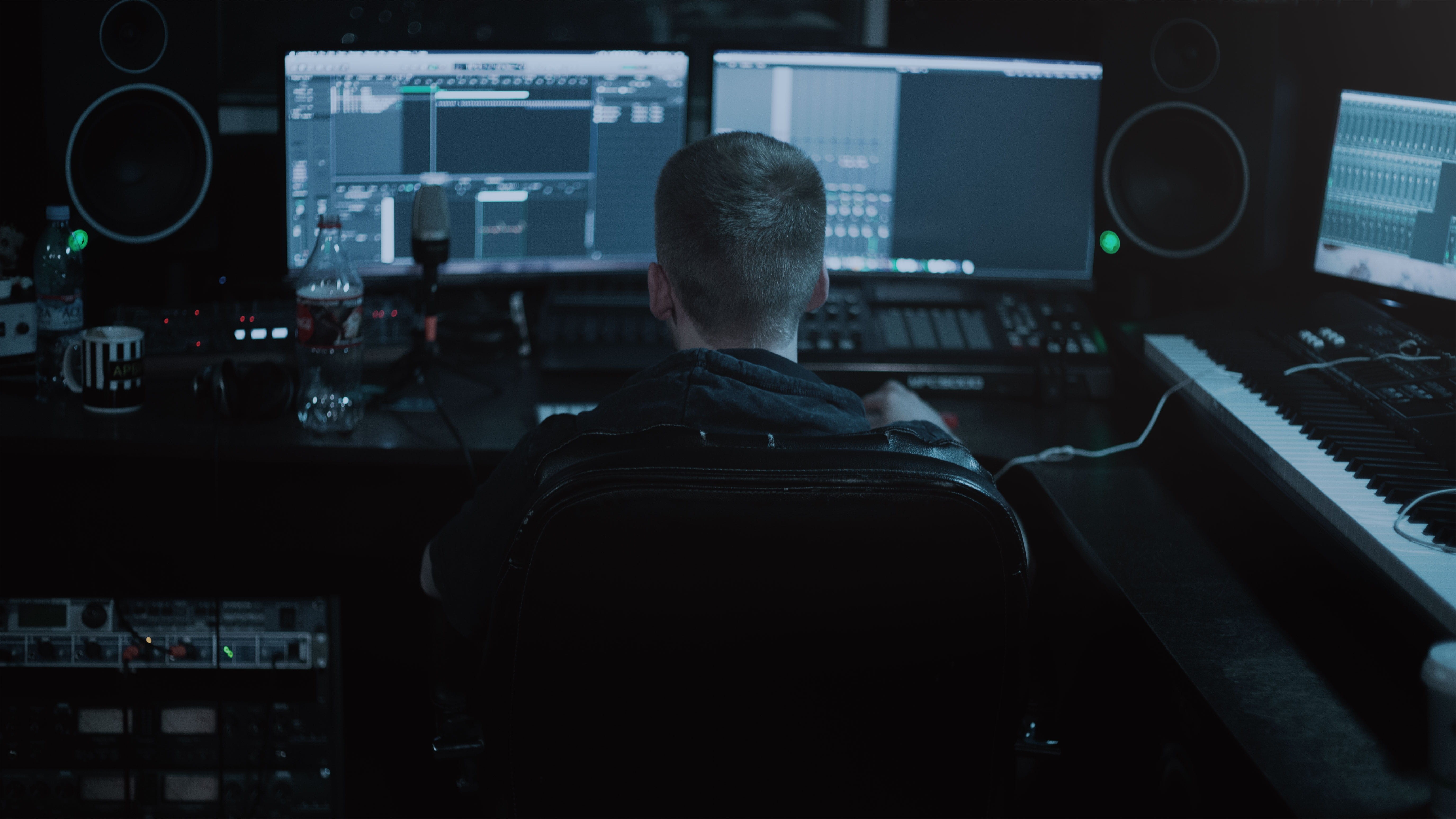 keyboard, front, screen, musical instrument, computer equipment, occupation, dark, recording studio, guy, working, recording, 5K, rear view, person, one person, HD Wallpaper