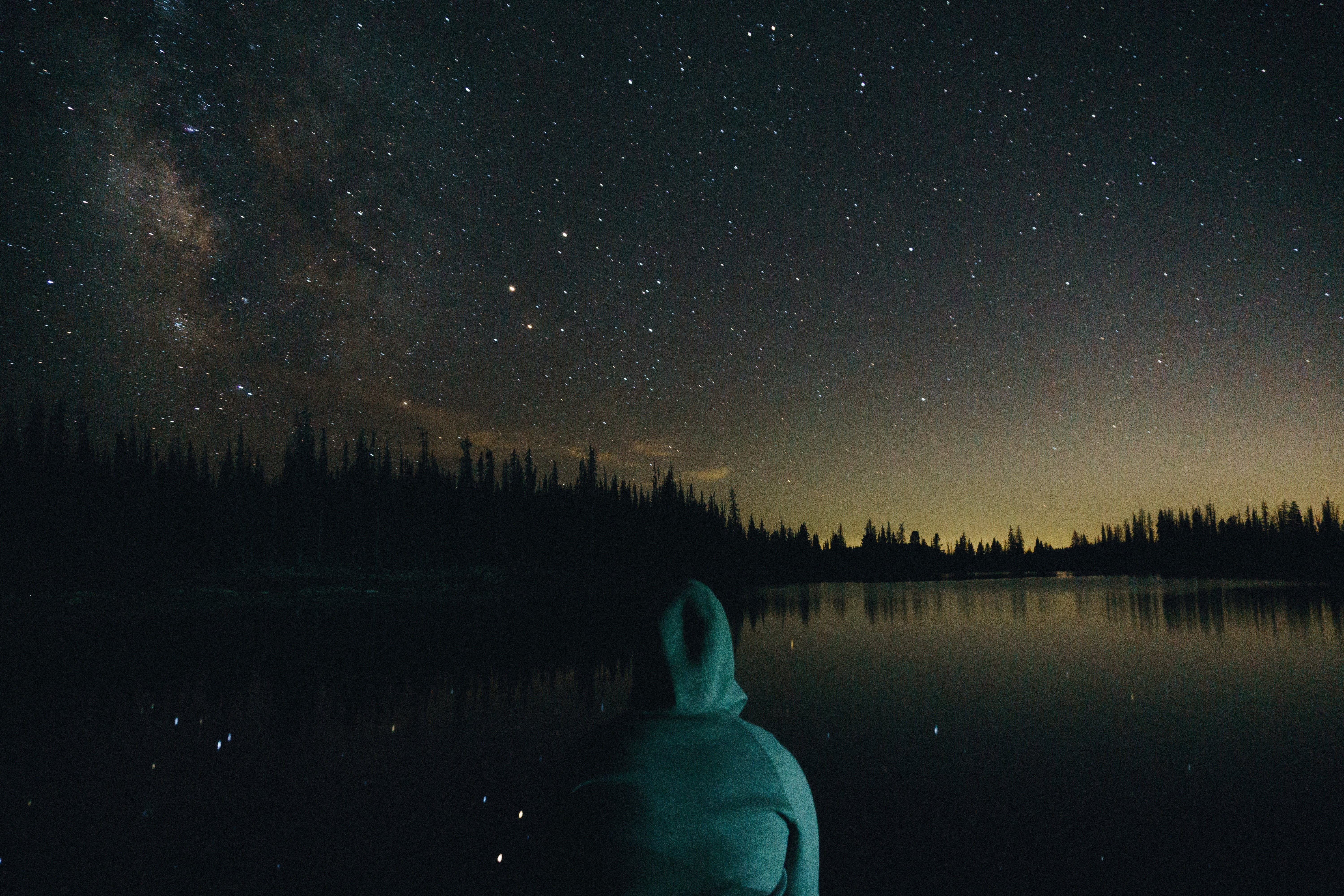 real people, trees, 5K, star, star field, galaxy, lake, tranquil scene, tranquility, thinking, water, person, beauty in nature, space, teal, sky, space and astronomy, HD Wallpaper