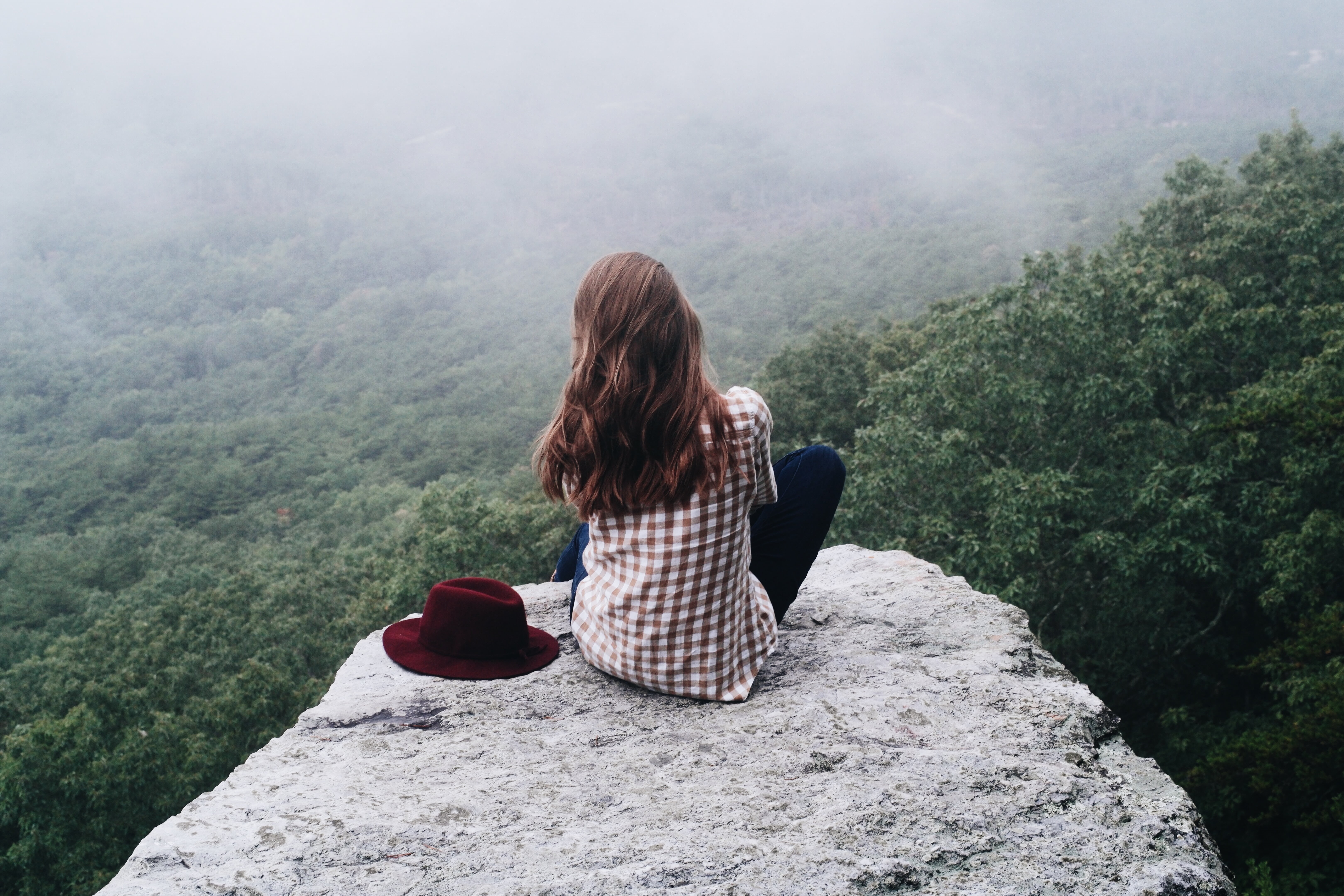 trees, adventure, beauty in nature, solid, rear view, girl, fog, leisure activity, lifestyles, one woman only, outdoors, rock, brunette, looking at view, HD Wallpaper
