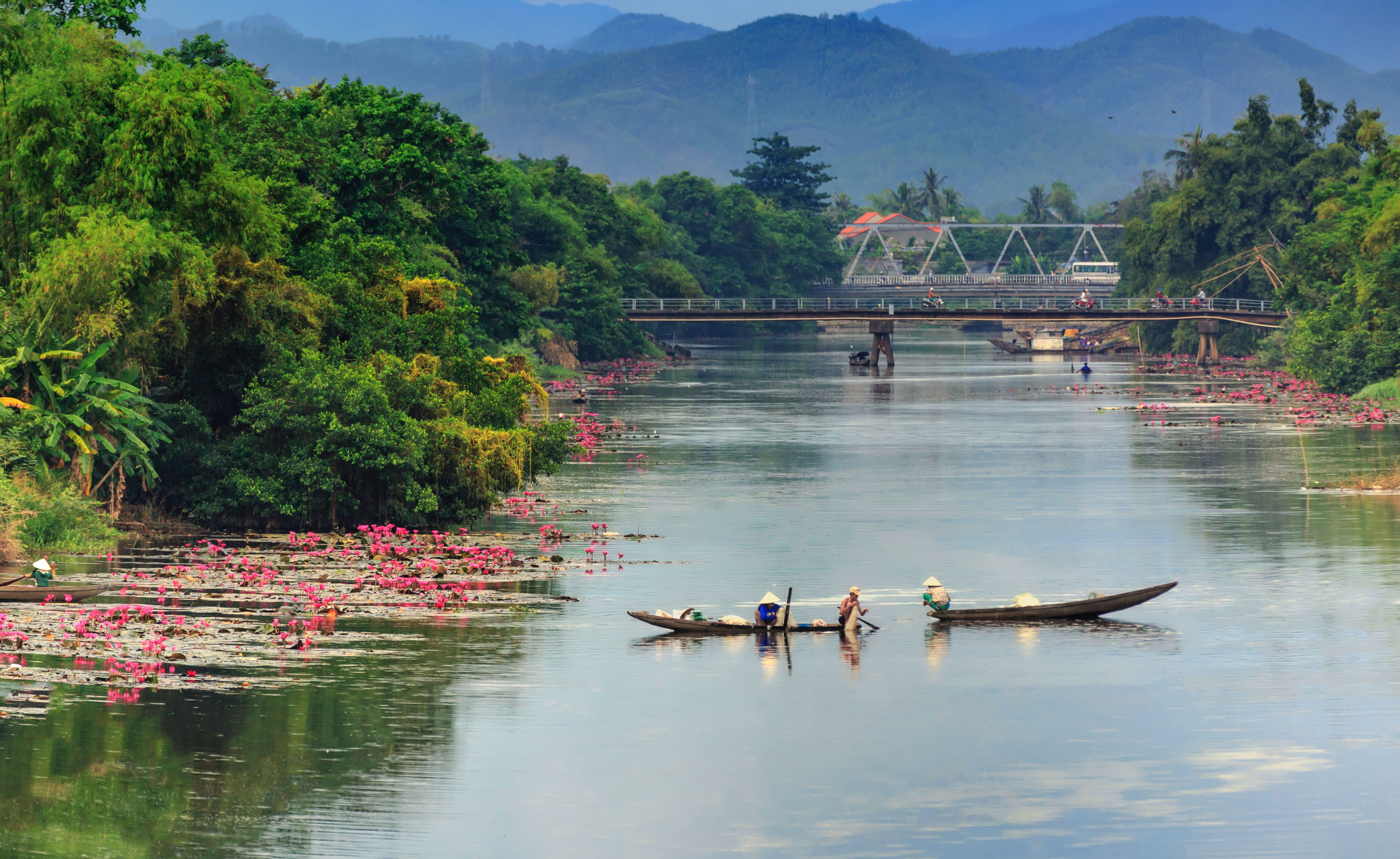 Hue, lake, day, beauty in nature, reflection, 5K, huong river, outdoors, rowing, mode of transportation, nature, waterfront, vienam, growth, mountain, HD Wallpaper