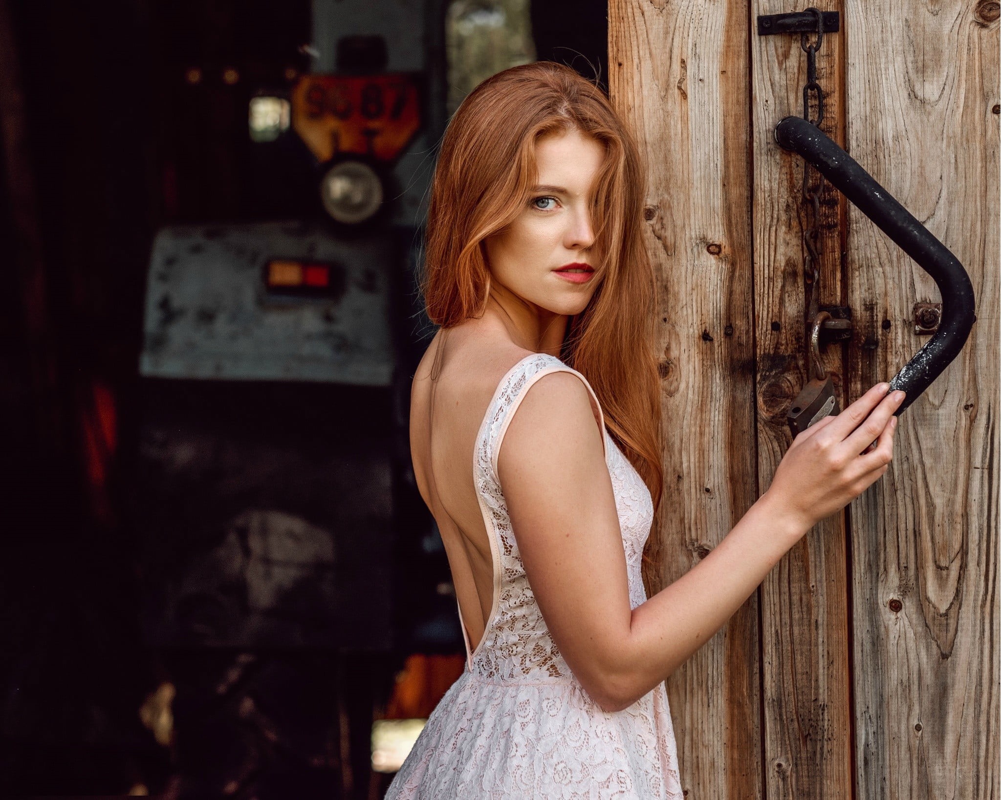 long hair, hair, model, blond hair, portrait, adult, s, lock, hairstyle, clothing, door, chains, redhead, hair in face, beauty, white dress, lace, fashion, HD Wallpaper