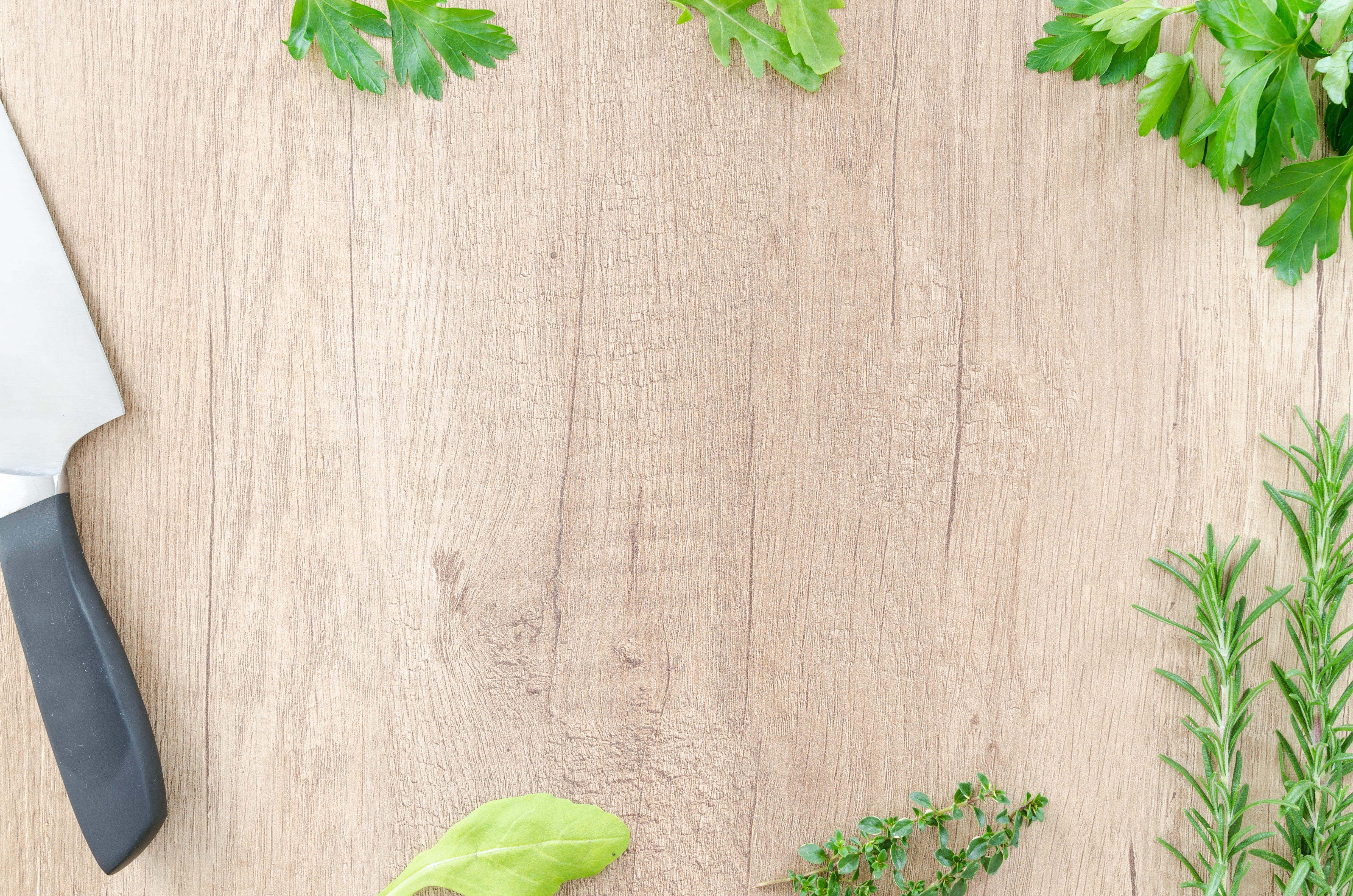 leaf, cuisine, cleaver, restaurant, table, vegetarian, seasoning, wood, menu, metal, space, gardening, basil, knife, green color, food, no people, organic, HD Wallpaper