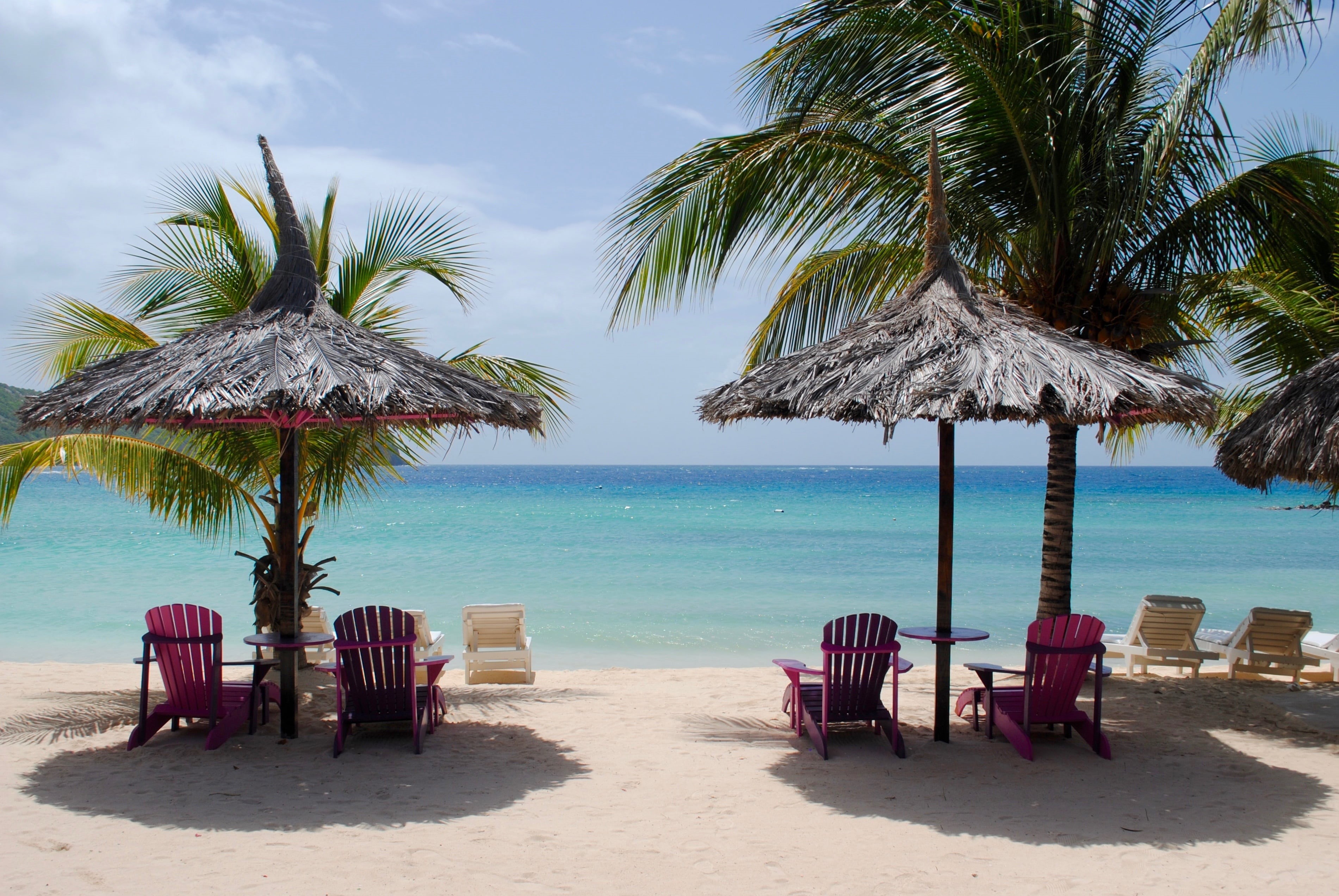 outdoor chair, tranquility, caribbean beach, shore, exotic, tropical, horizon over water, tropical climate, land, sun, nature, scenics - nature, beach chairs, HD Wallpaper