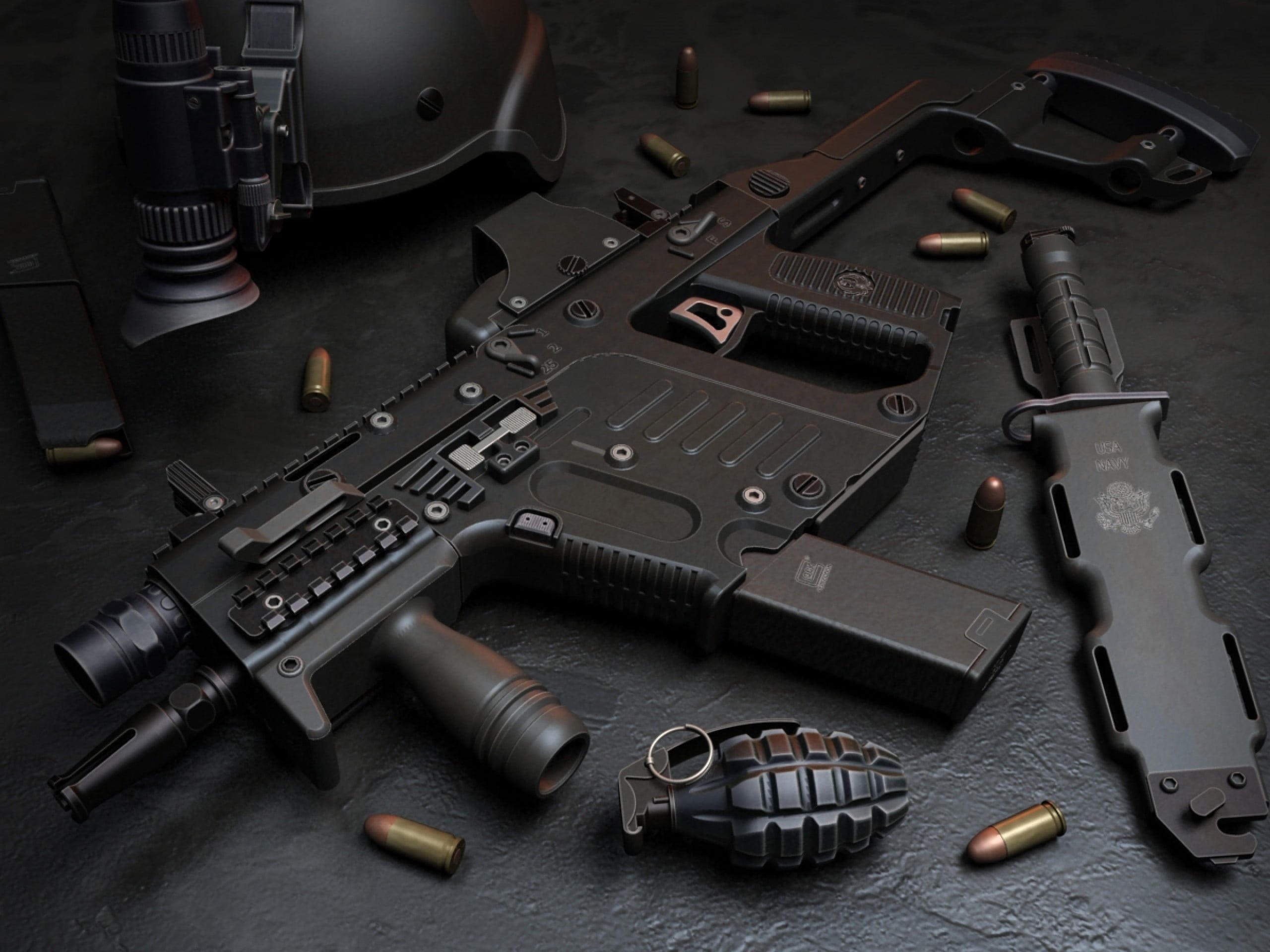 indoors, Kriss, equipment, communication, violence, made in Virginia, grenade, aggression, technology, social issues, industry, knife, bullet, metal, ammunition, HD Wallpaper