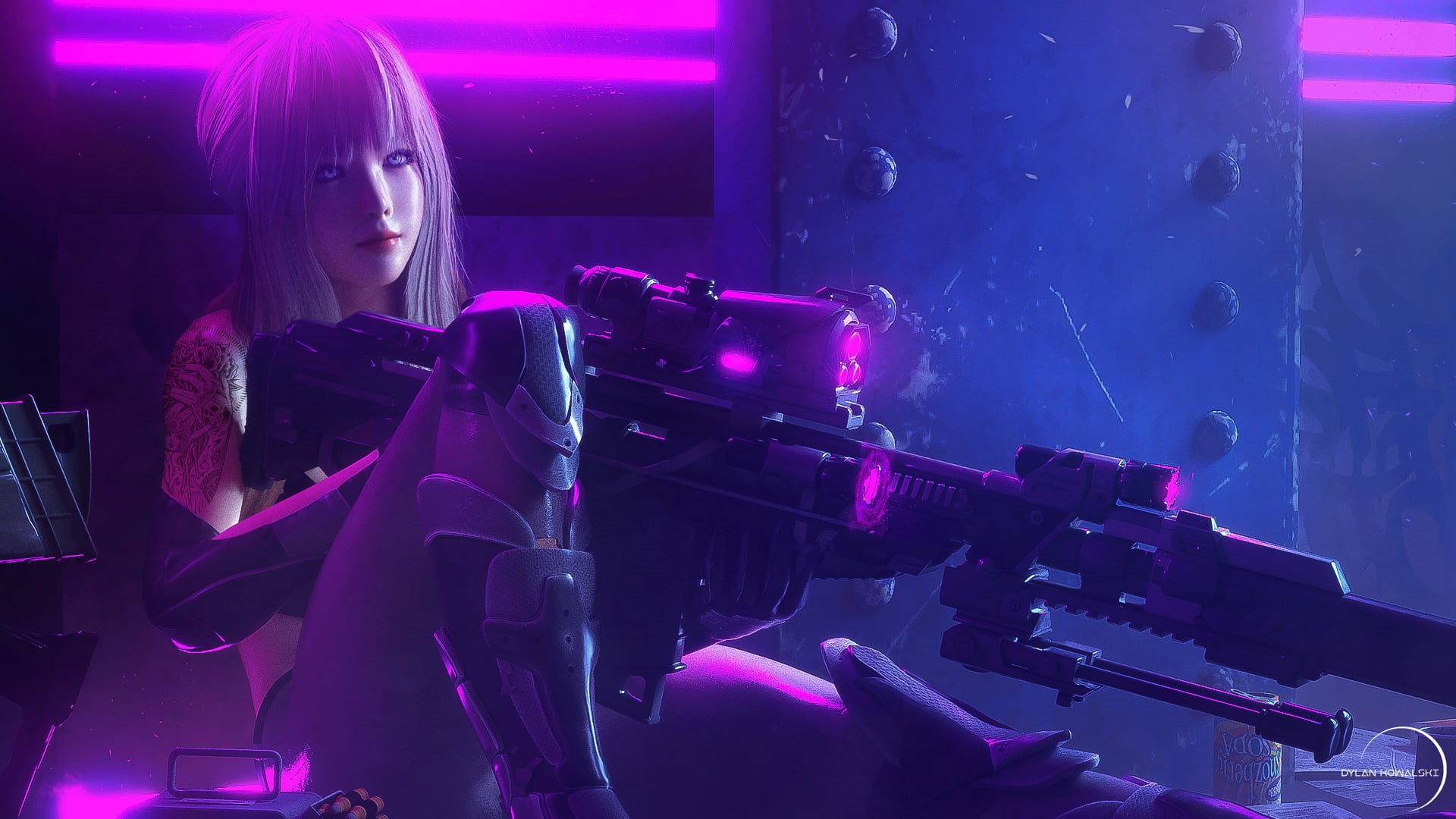 rifle, beautiful woman, three quarter length, beauty, adult, tattoo, illuminated, looking, futuristic, neon, nightlife, young women, young adult, women, HD Wallpaper