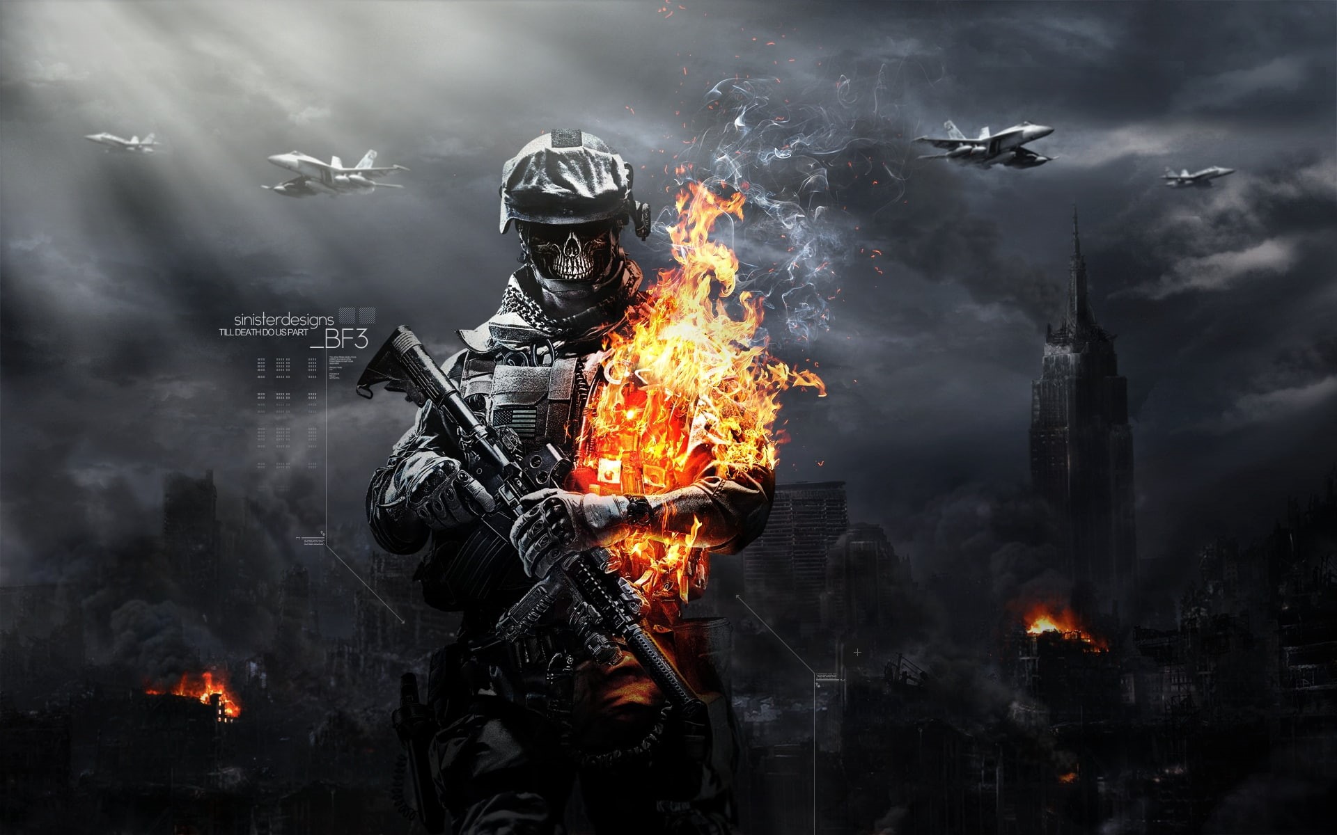fire, battlefield, ammunition, 1080P, skull, gun, aviation, HD Wallpaper