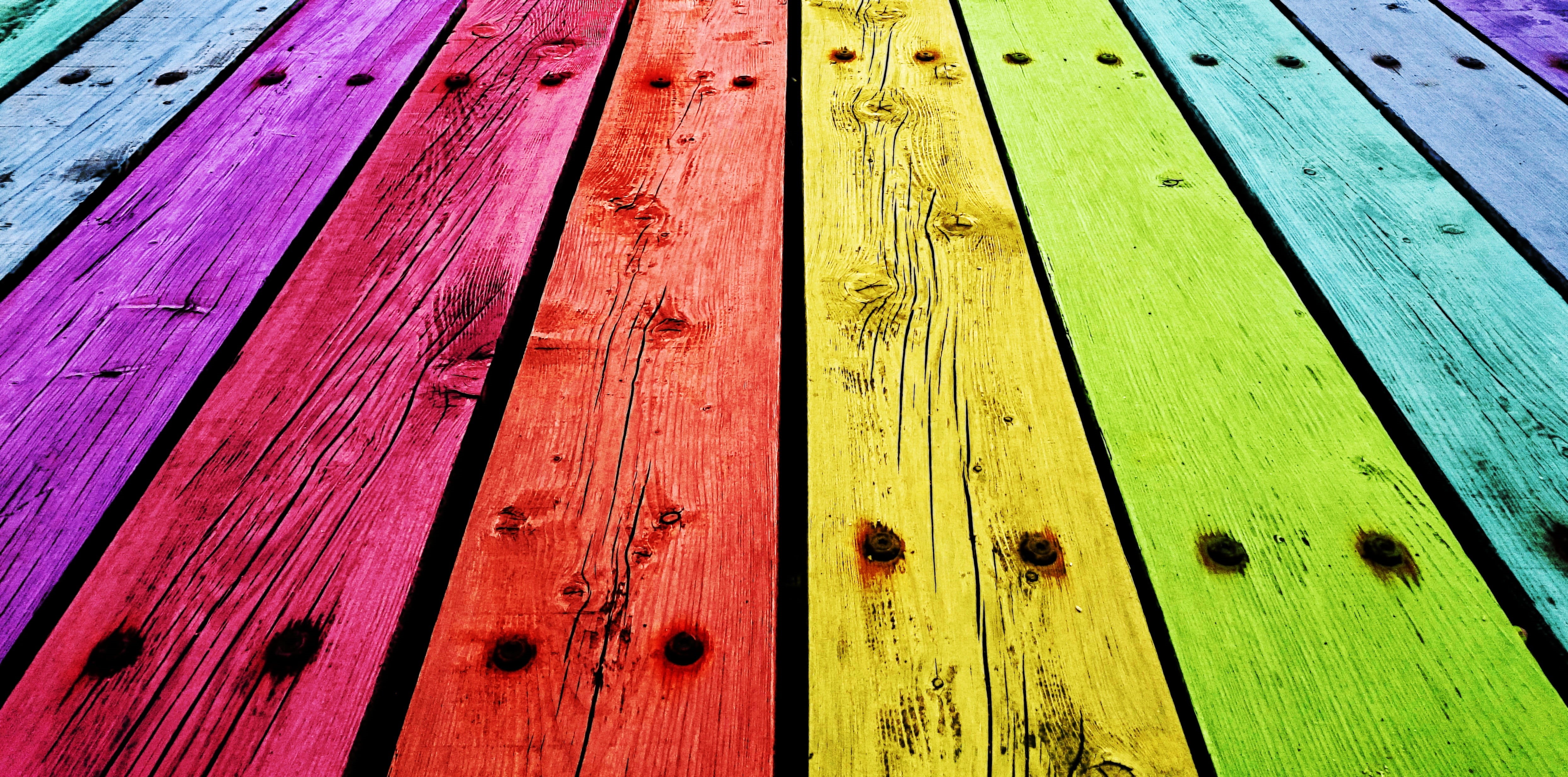 wooden planks, boards, board, wooden tables, pattern, side by side, purple, 4K, yellow, assorted, wood stained, yellow, background, multi colored, wood - material, HD Wallpaper