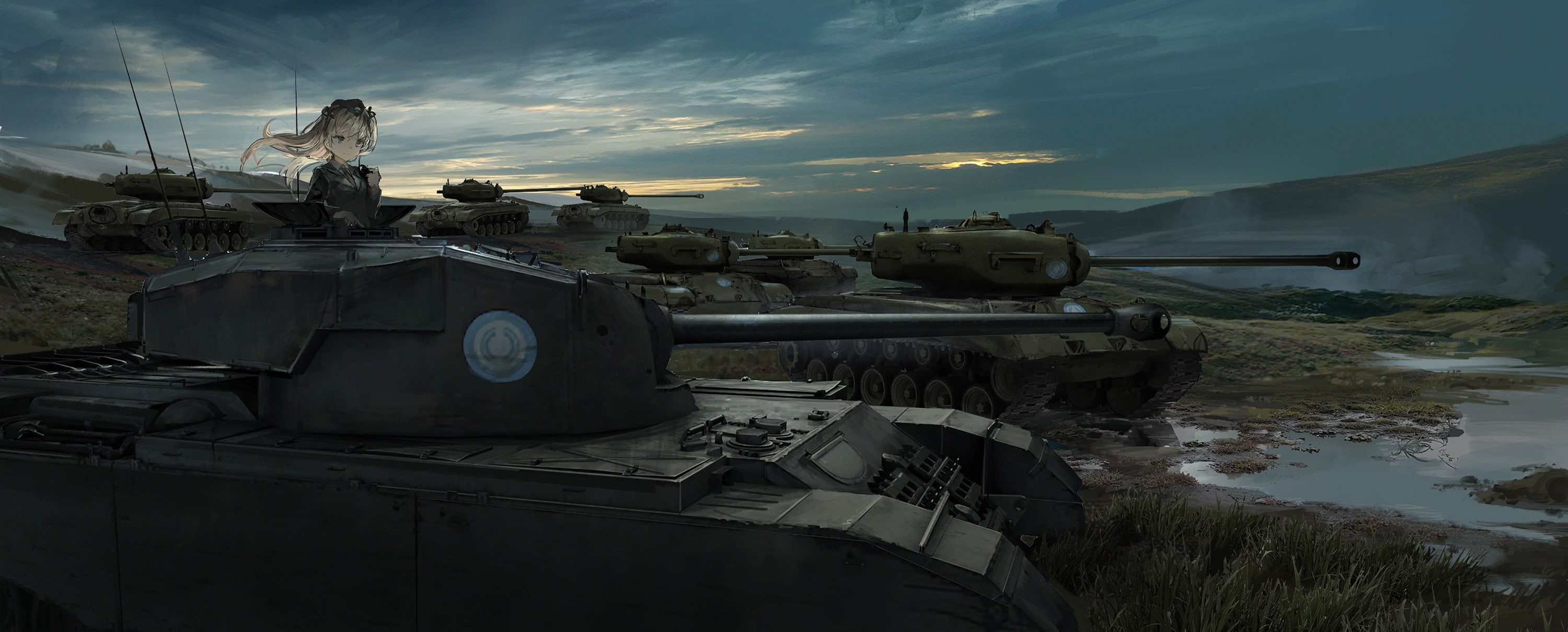 sunset, no people, travel, nature, armored tank, girls und panzer, military, water, history, mode of transportation, day, Anime, sky, tank, 2K, outdoors, HD Wallpaper