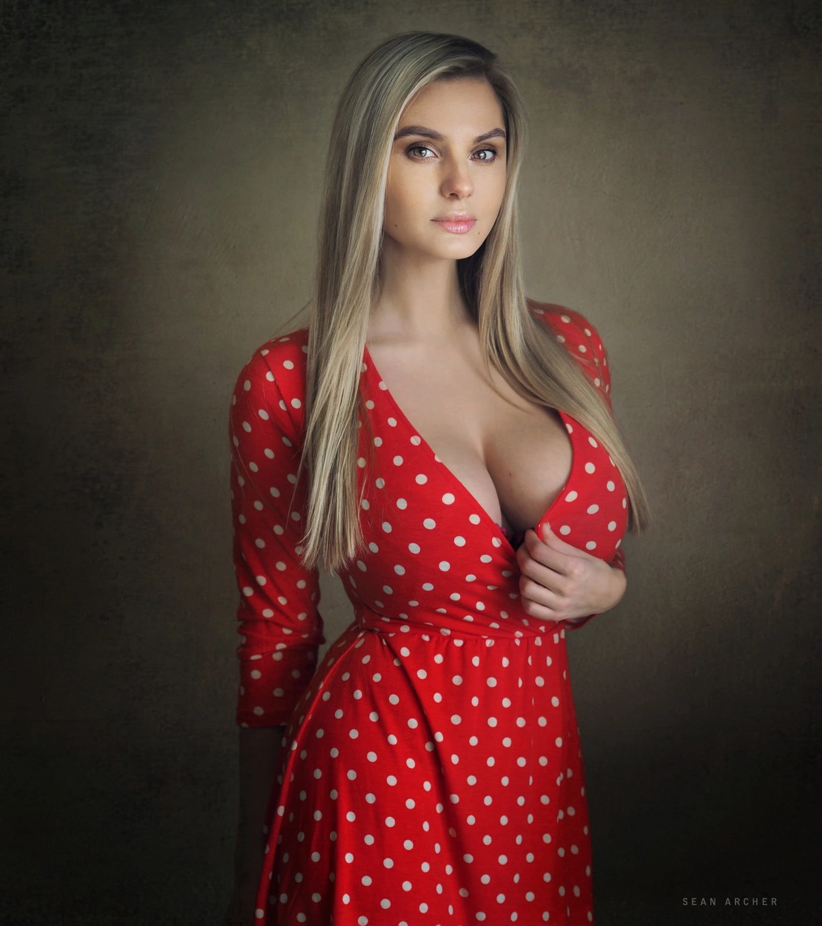 portrait display, 720P, women, simple background, looking at viewer, Sean Archer, Nastya, cleavage, women indoors, blonde, dress, model, Phone HD Wallpaper