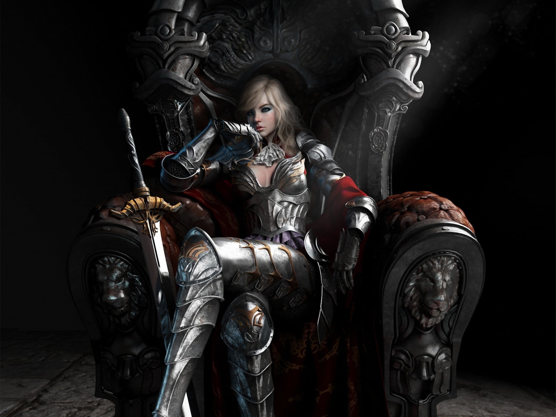 art and craft, blonde, 1080P, woman, activity, metal, history, sculpture, one person, suit of armor, protection, holding, front view, representation, haired, HD Wallpaper