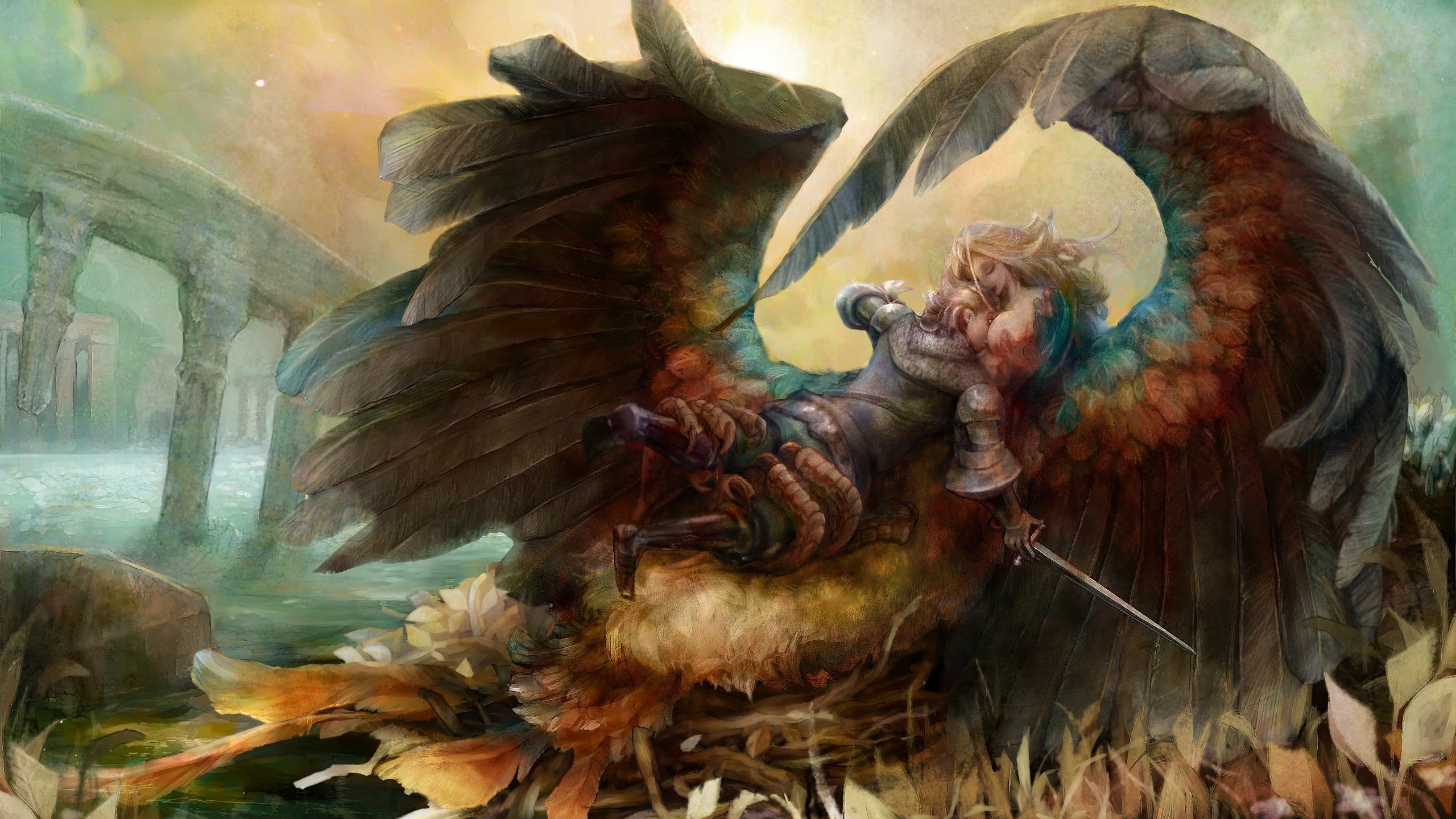 2K, fantasy art, representation, architecture, holding, close-up, knight, armor, arts culture and entertainment, fictional, statue, fantasy girl, Dragons Crown, HD Wallpaper