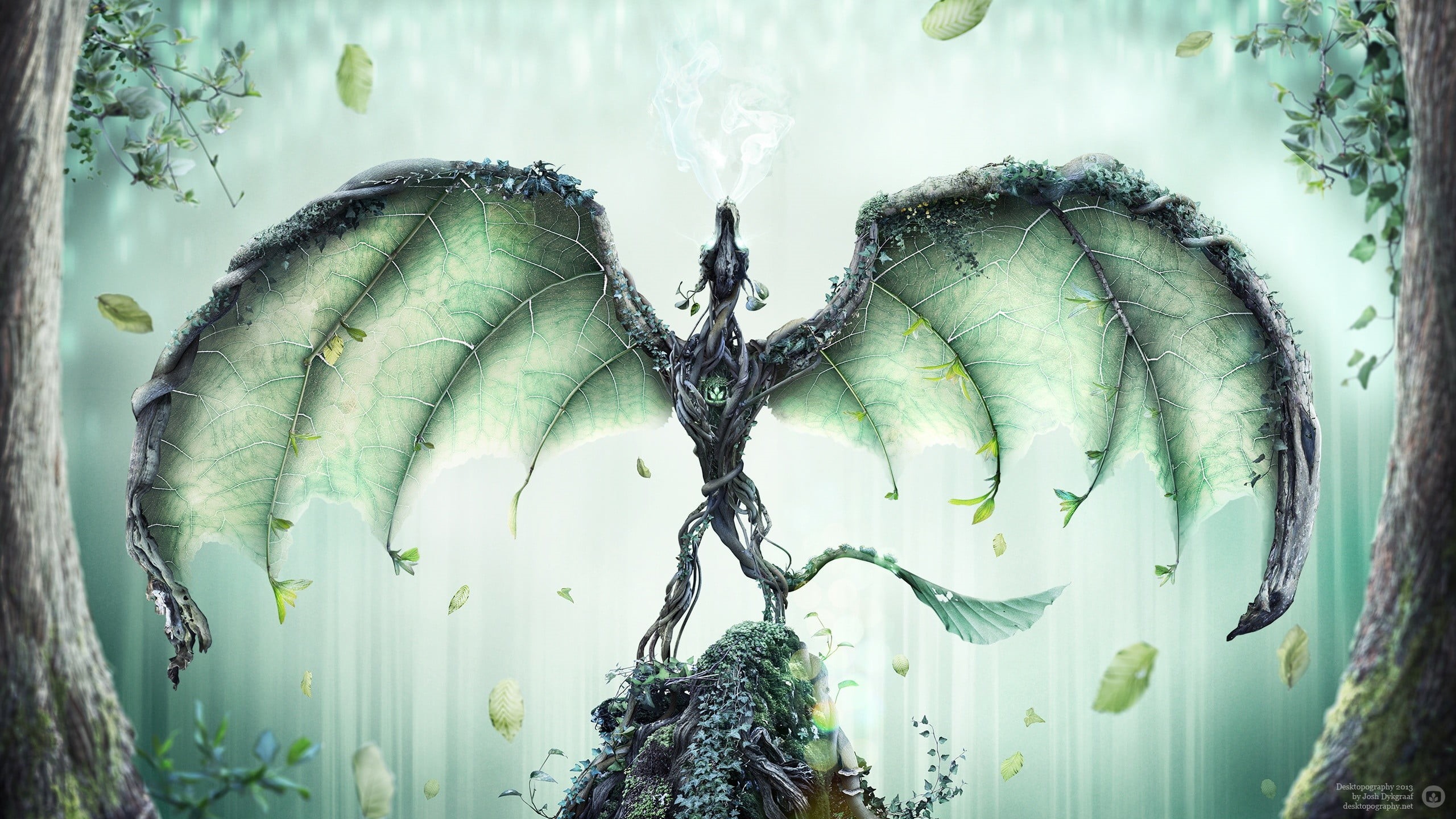 growth, freshness, botany, fantasy art, digital, beauty in nature, day, green, 2K, plant part, season, leaves, dragon, tranquility, Desktopography, animal, HD Wallpaper