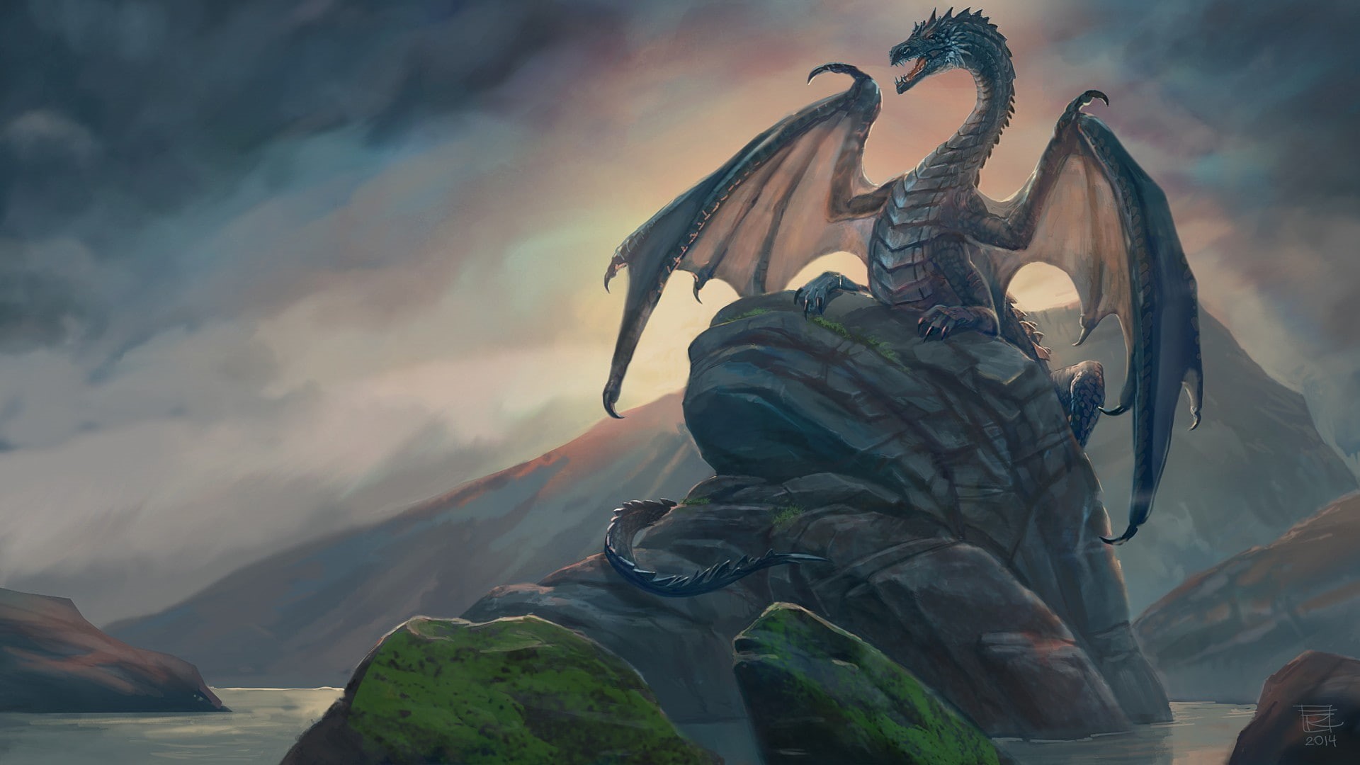 drawing, digital art, 1080P, wings, dragon, fantasy art, painting, artwork, rock, mountains, clouds, nature, lake, HD Wallpaper