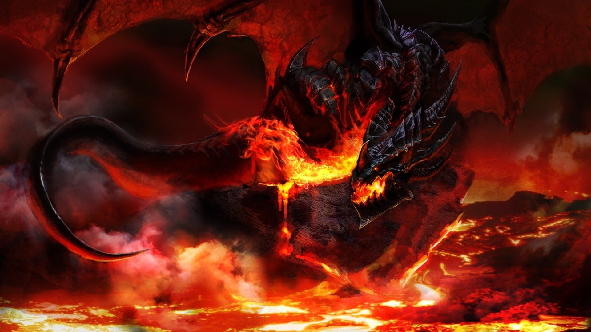outdoors, nature, flowing, world of warcraft, dragon, burning, lava, warning sign, Dragon Wings, water, deathwing, power in nature, motion, smoke - physical structure, HD Wallpaper