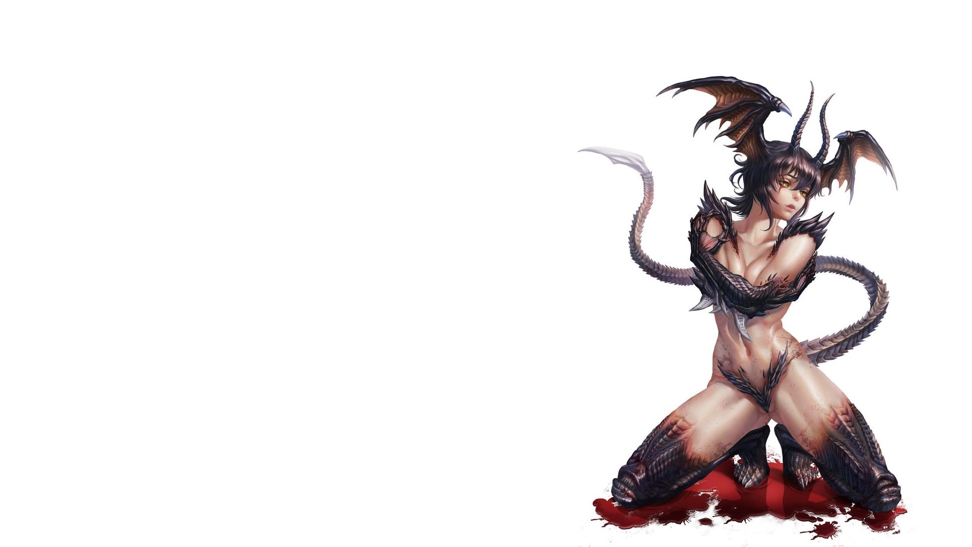 horns, Go Nagai, white background, blood, fantasy, anime girl, minimalism, simple background, demon, tail, Devil Lady, digital art, wings, girl, artwork, HD Wallpaper