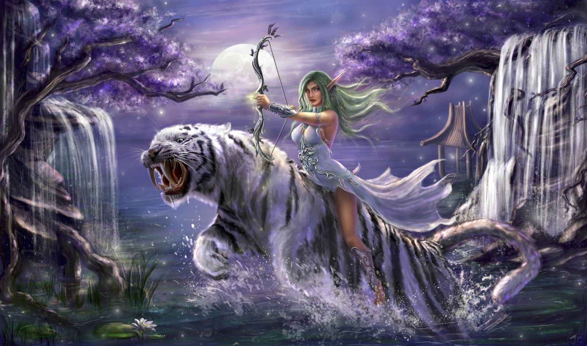 Tiger, Bow, real people, lifestyles, young adult, Pointed Ears, White Tiger, people, Elf, Blue Eyes, young women, 1080P, World Of Warcraft, outdoors, beautiful woman, HD Wallpaper