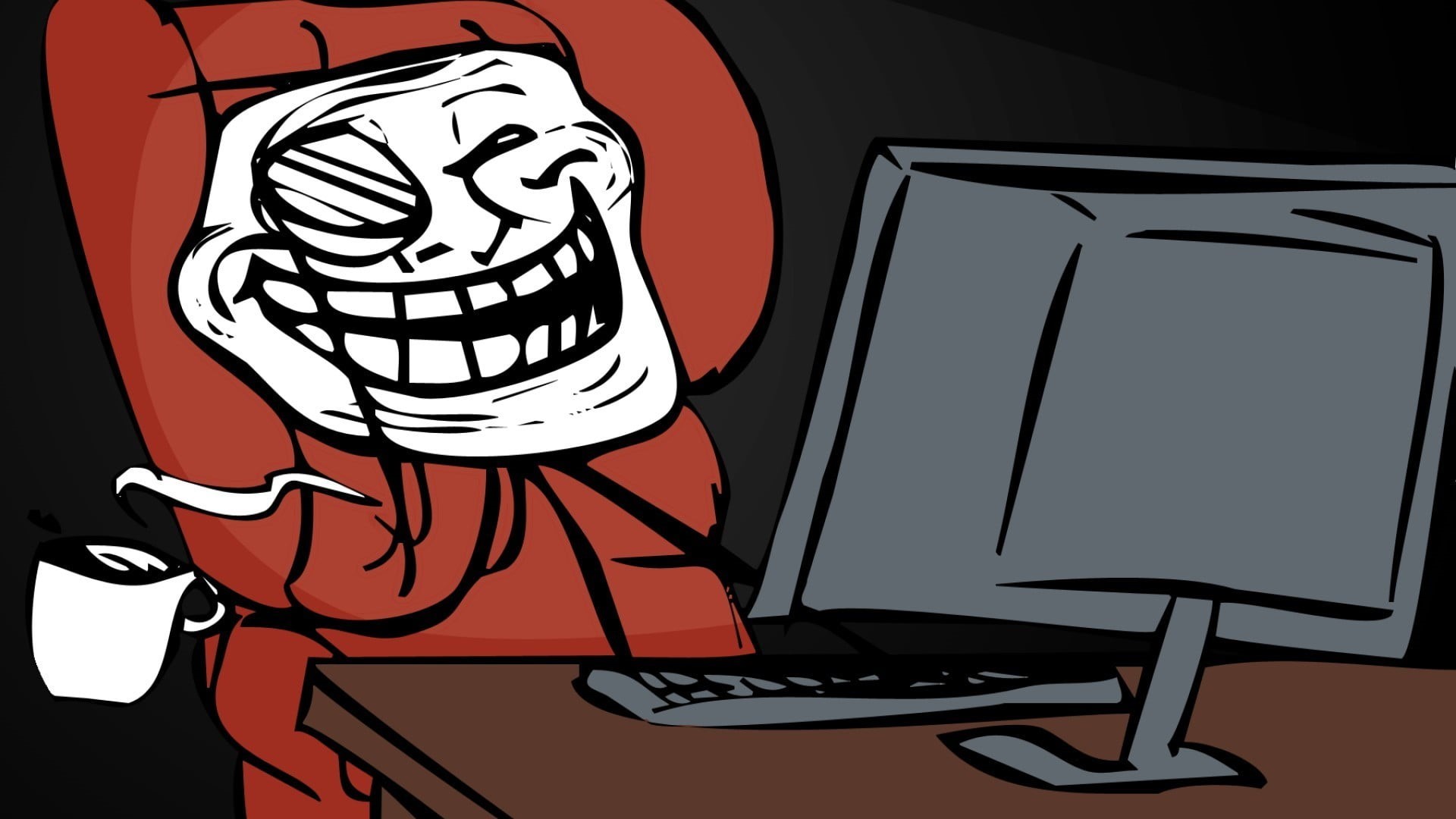 minimalism, cup, coffee cup, desktop pc, lighting equipment, computer, illustration, computer equipment, using, meme, table, troll, wireless technology, HD Wallpaper