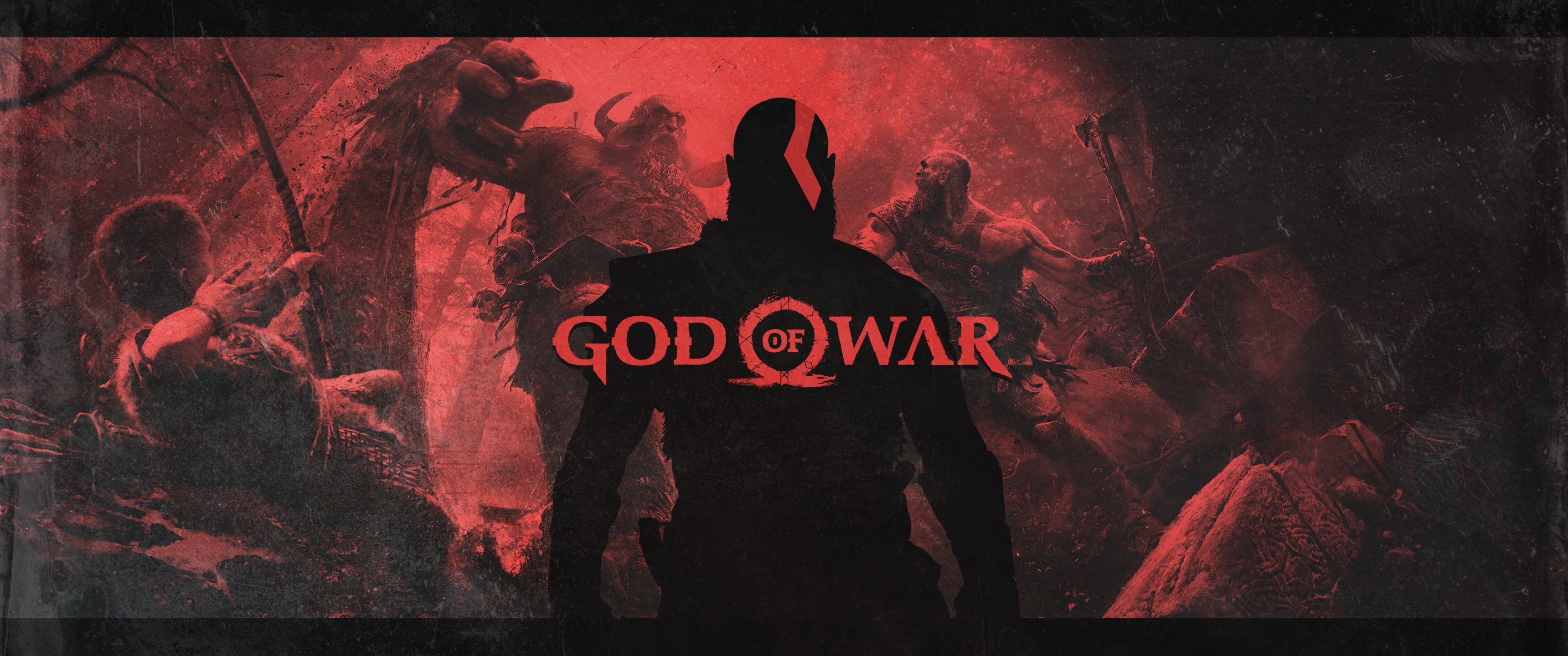 2K, weapon, Sony, PS4, troll, battlefield, strong, forest, warrior, giant, spartan, Loki, logo, God of War 4, red, hero, bakemono, Atreus, monster, kyojin, HD Wallpaper