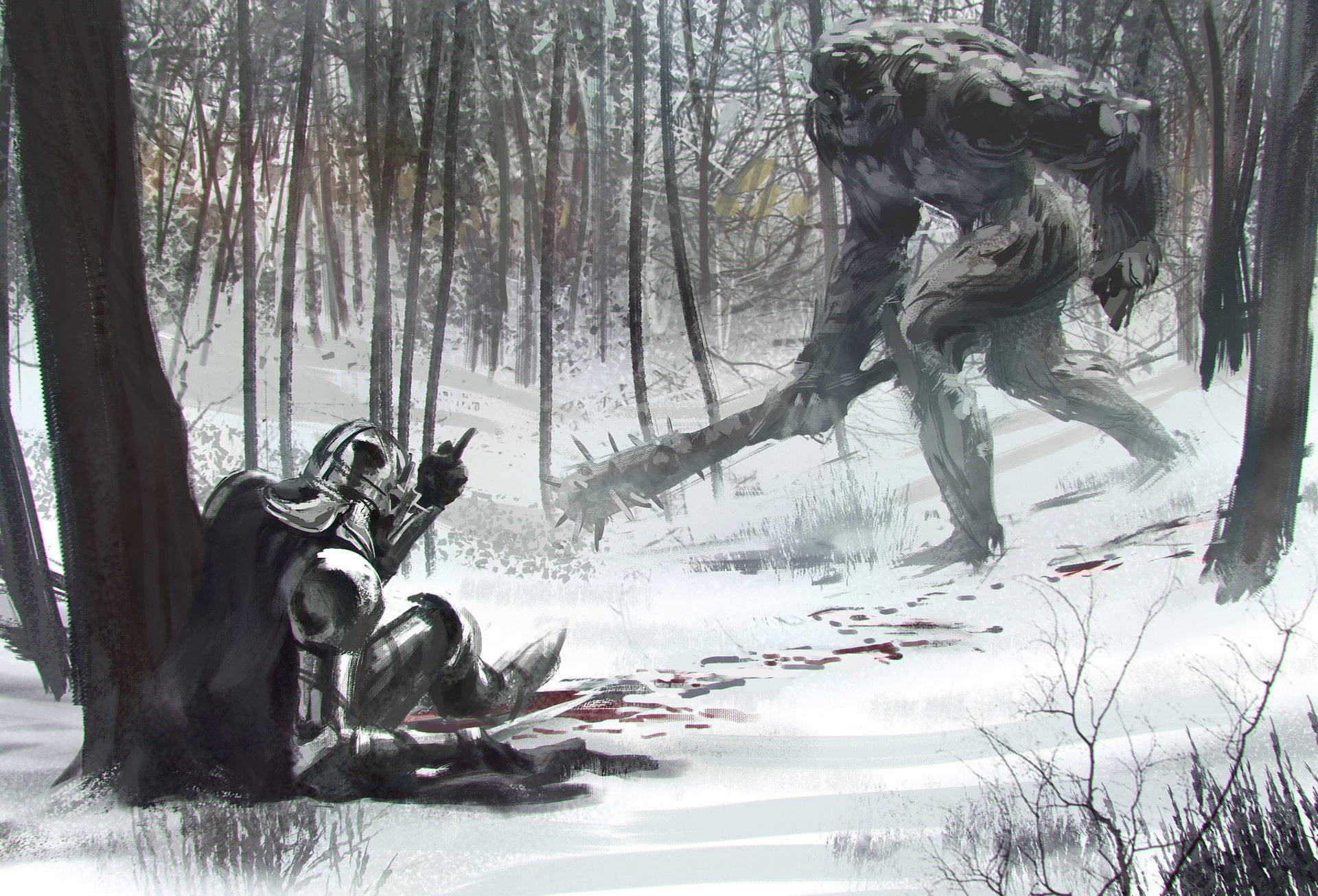Armored, outdoors, nature, mammal, fantasy art, 1080P, winter, day, cape, artwork, no people, deer, forest, animal, cold temperature, plant, blood, hand gesture, HD Wallpaper