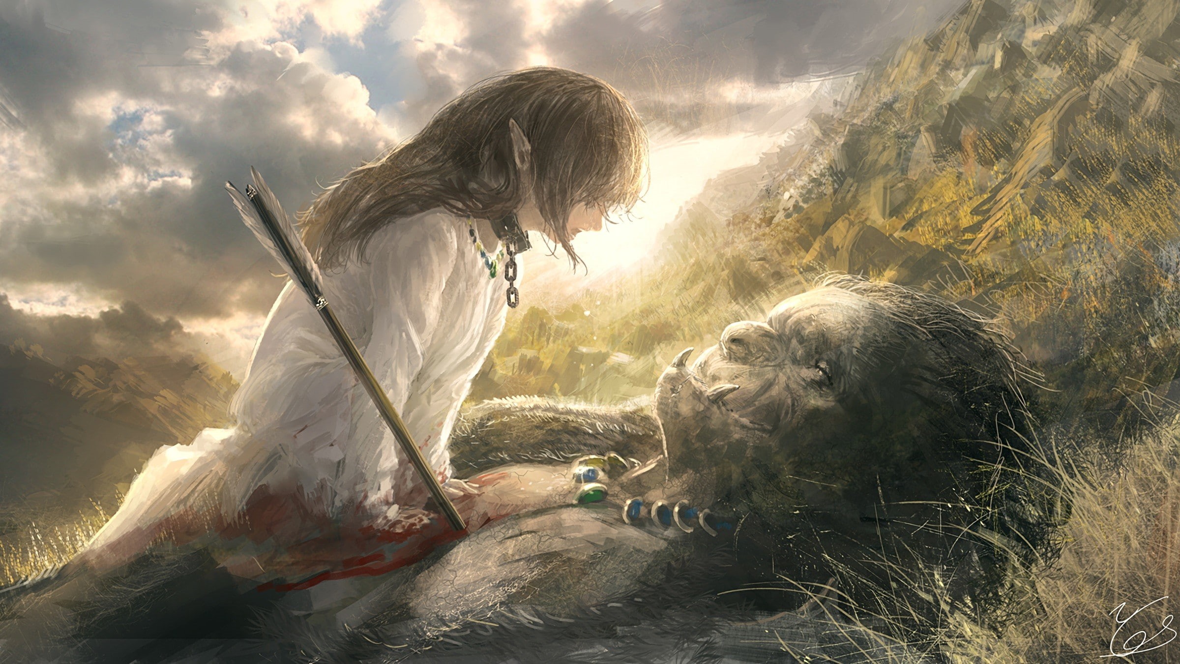 fantasy art, 1080P, blood, arrows, trolls, white dress, elves, HD Wallpaper