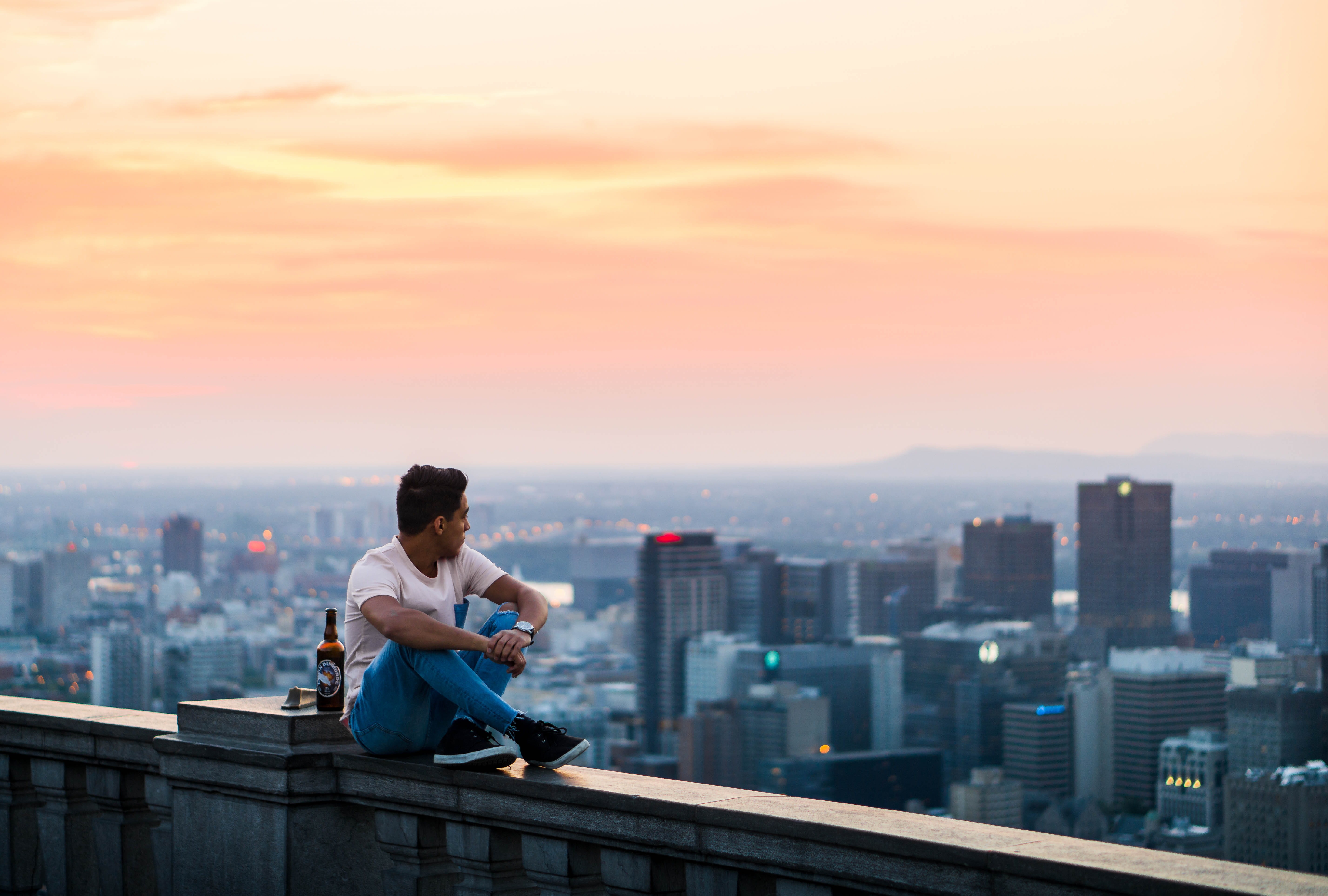 contemplation, beside, watching, cityscape, sunset, relaxation, sitting, rise, light, 5K, urban skyline, casual clothing, full length, morning, young adult, HD Wallpaper