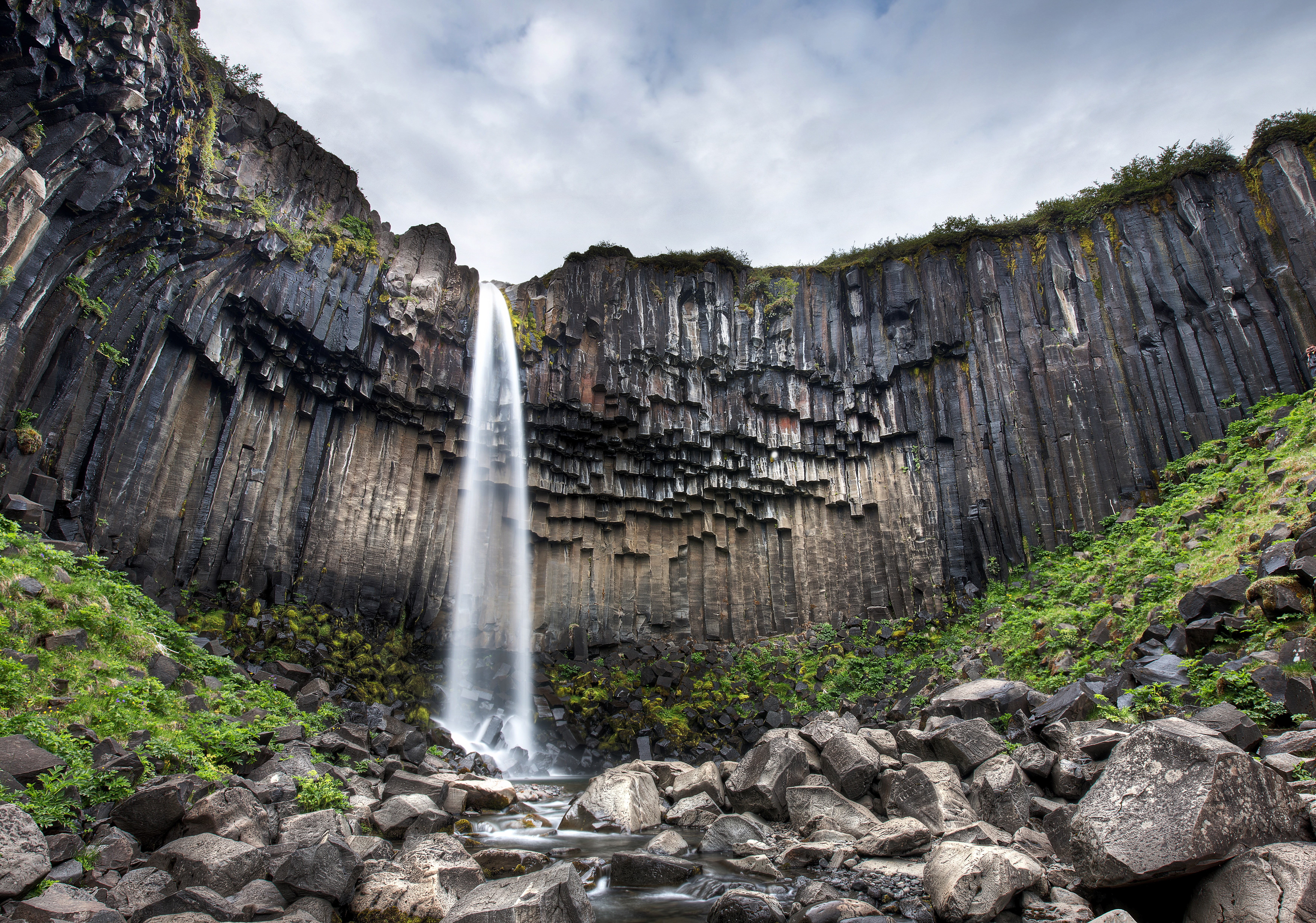 black basalt columns, " Black waterfall", Iceland, 5K, resembling organ pipes, the ledge, the svartifoss waterfall, pointed stones, HD Wallpaper