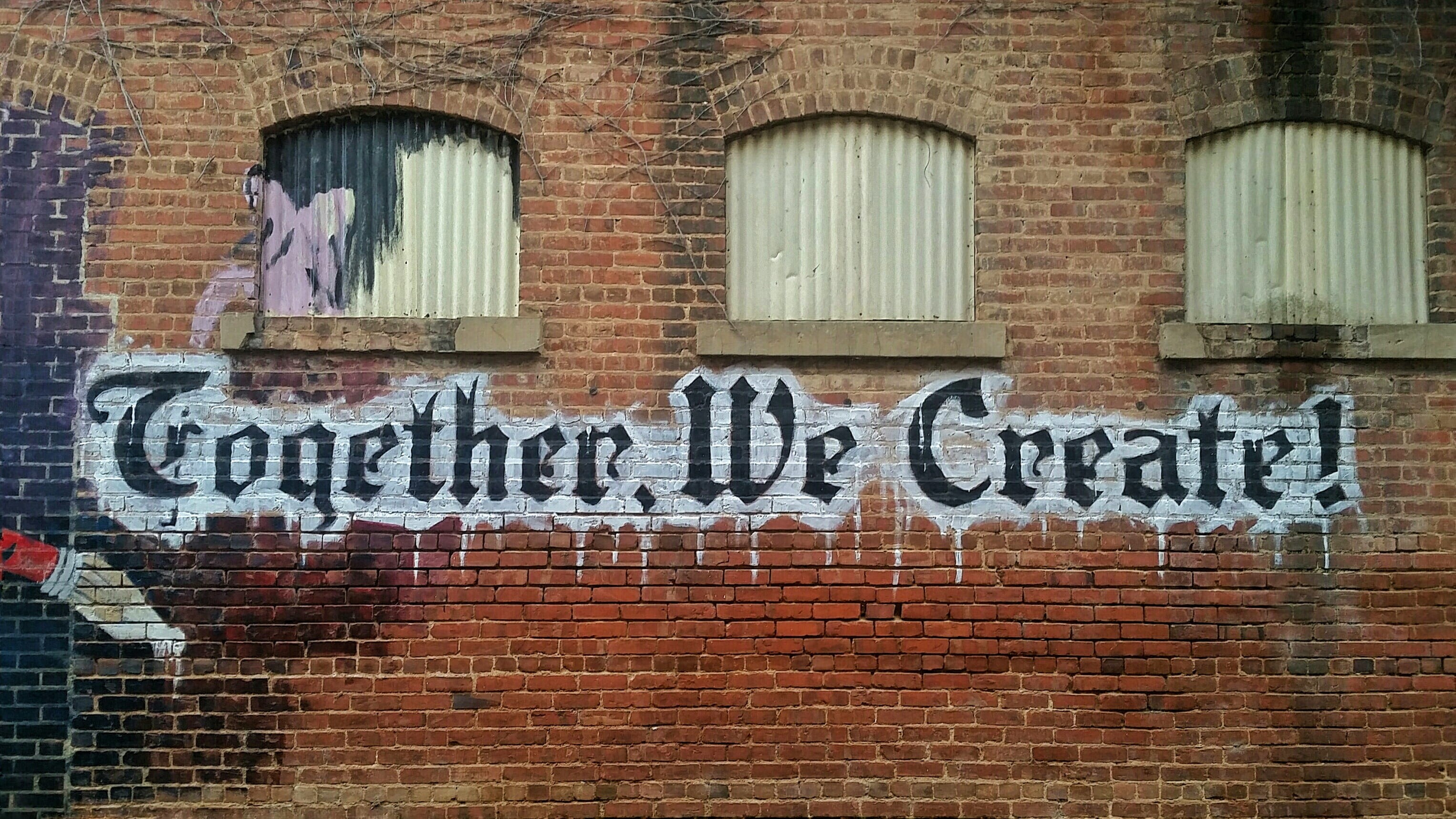 window, city, word, graffiti, together, mural, symbol, window ledge, wall, white, building exterior, architecture, western script, brick wall, wall - building feature, HD Wallpaper