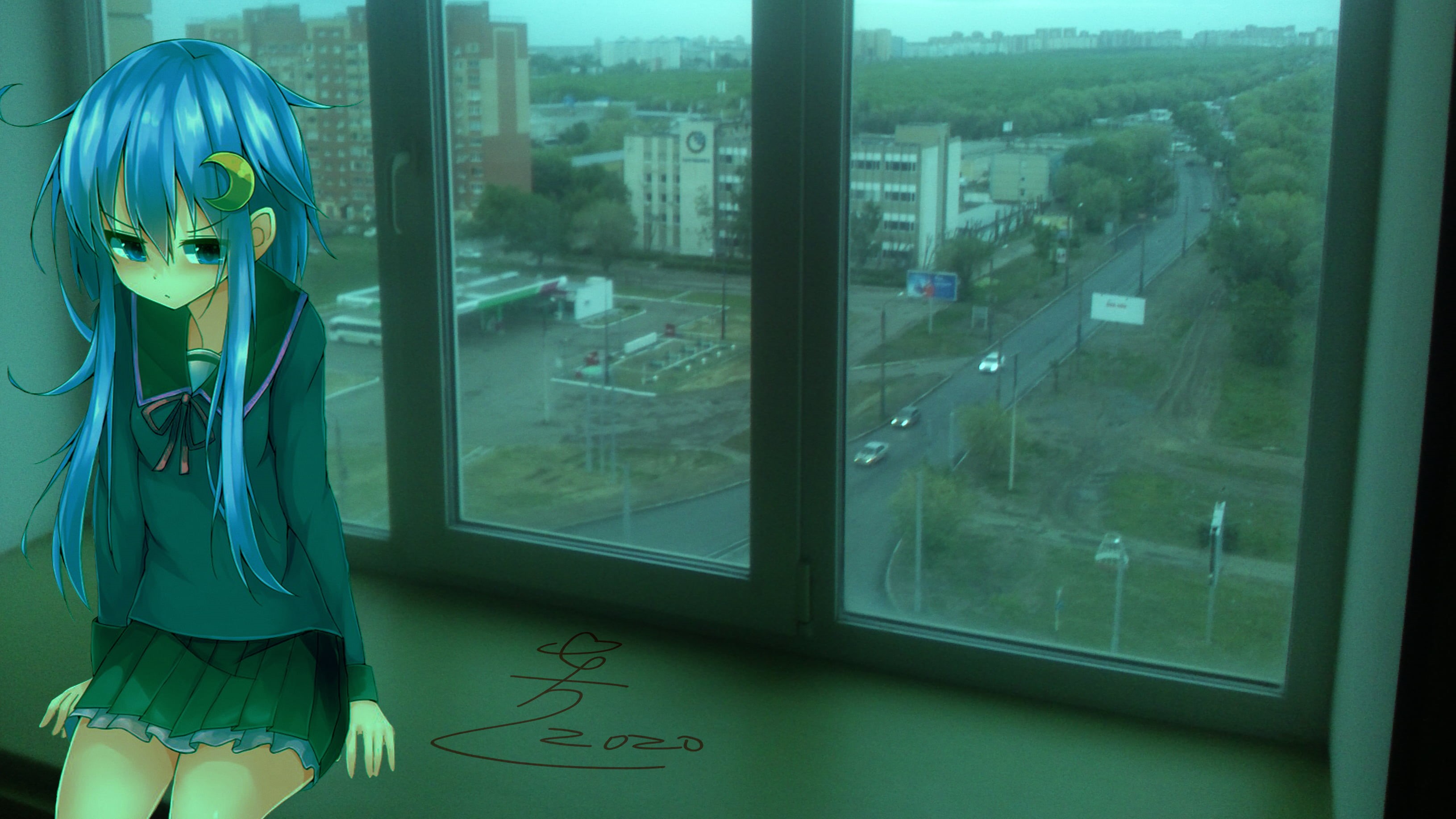 rain, city, anime, anime girls, window ledge, sad, 2K, HD Wallpaper