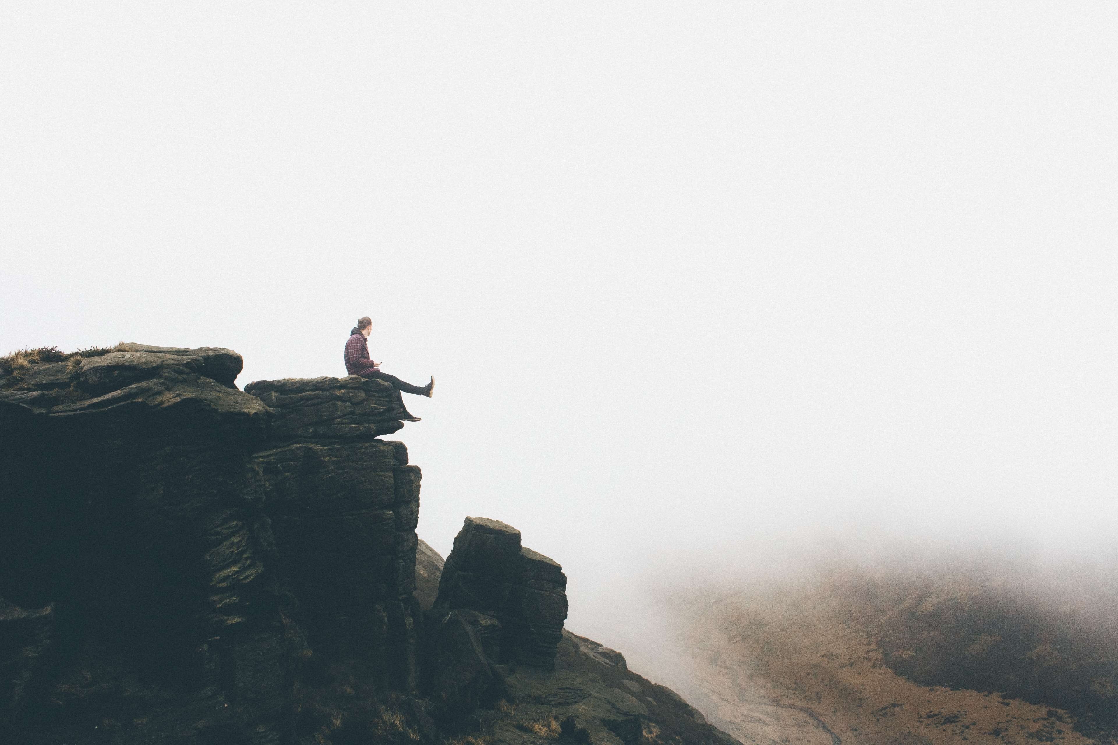 beauty in nature, conquering adversity, rock formation, one person, solid, environment, mountain, outdoors, copy space, mountains, sky, adventure, limits, HD Wallpaper