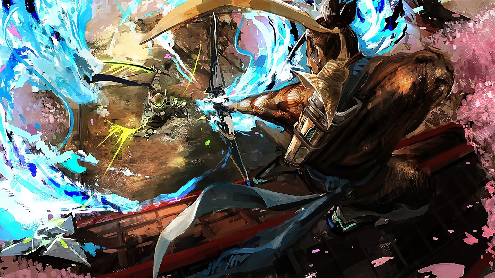digital art, genji, hanzo, Genji (Overwatch), 1080P, video, Hanzo (Overwatch), digital, 1920x1080 px, architecture, bridges, x, bow, Overwatch, px, Video Games, HD Wallpaper