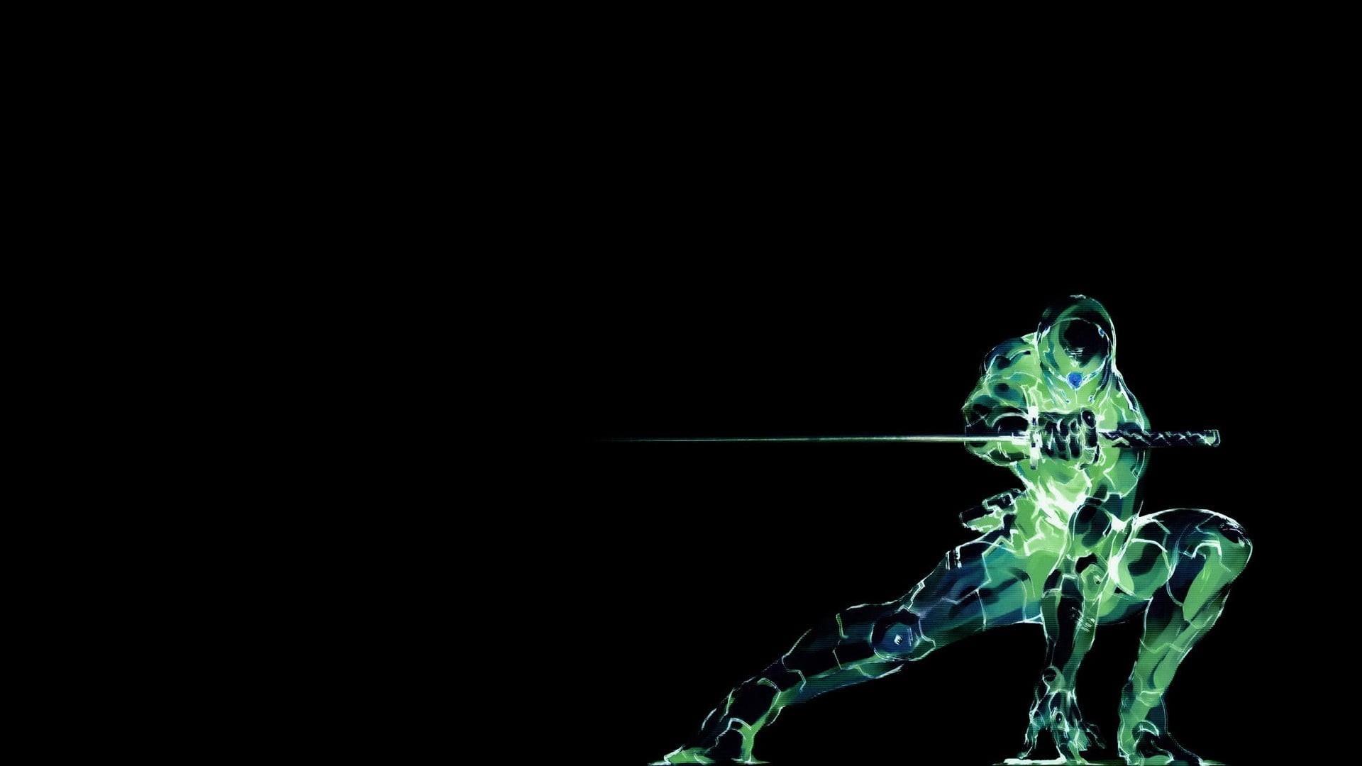 Grey Fox, green, Metal Gear Solid, sword, no people, drop, indoors, cyborg, copy space, simple background, abstract, man, video games, motion, HD Wallpaper