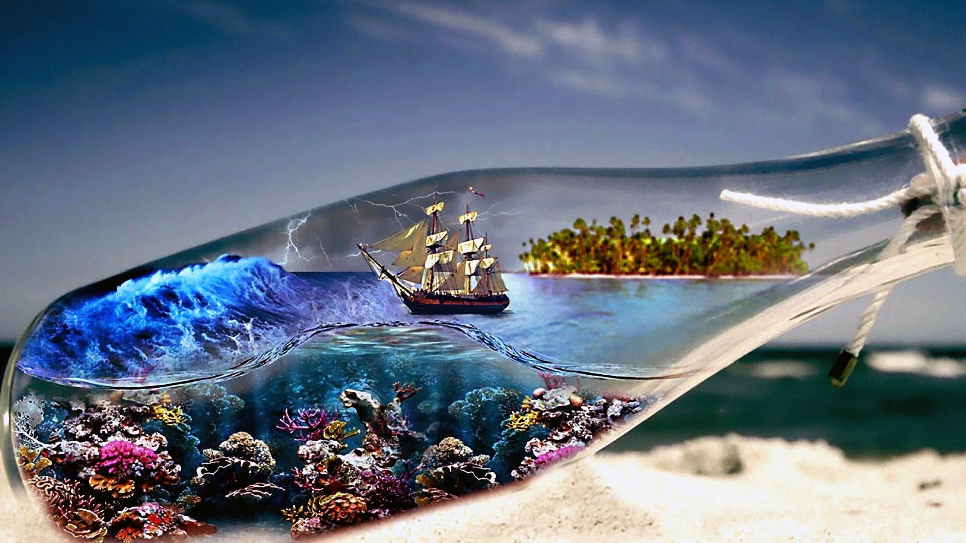 bottle, ship, digital art, sea, world in bottle, 1080P, HD Wallpaper
