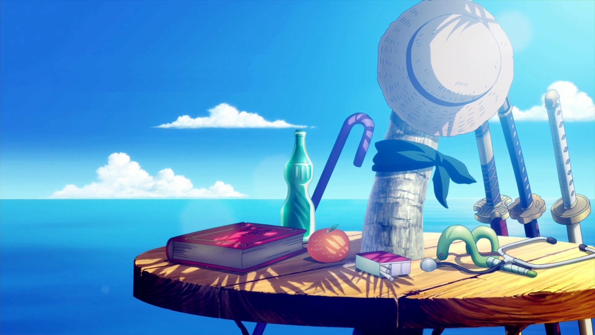 hat, 1080P, sky, strawhat pirates, sea, anime, One Piece, books, bottles, HD Wallpaper