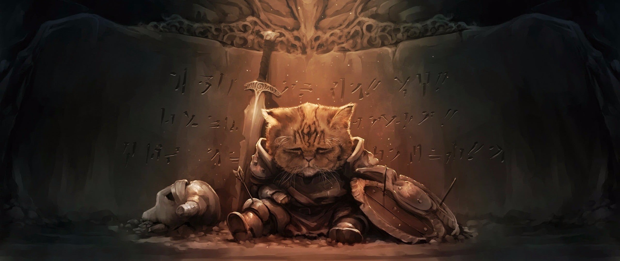 group of animals, beside, cat, shield, digital composite, portrait, indoors, art and craft, The Elder Scrolls V: Skyrim, 2K, studio shot, sword, human representation, HD Wallpaper