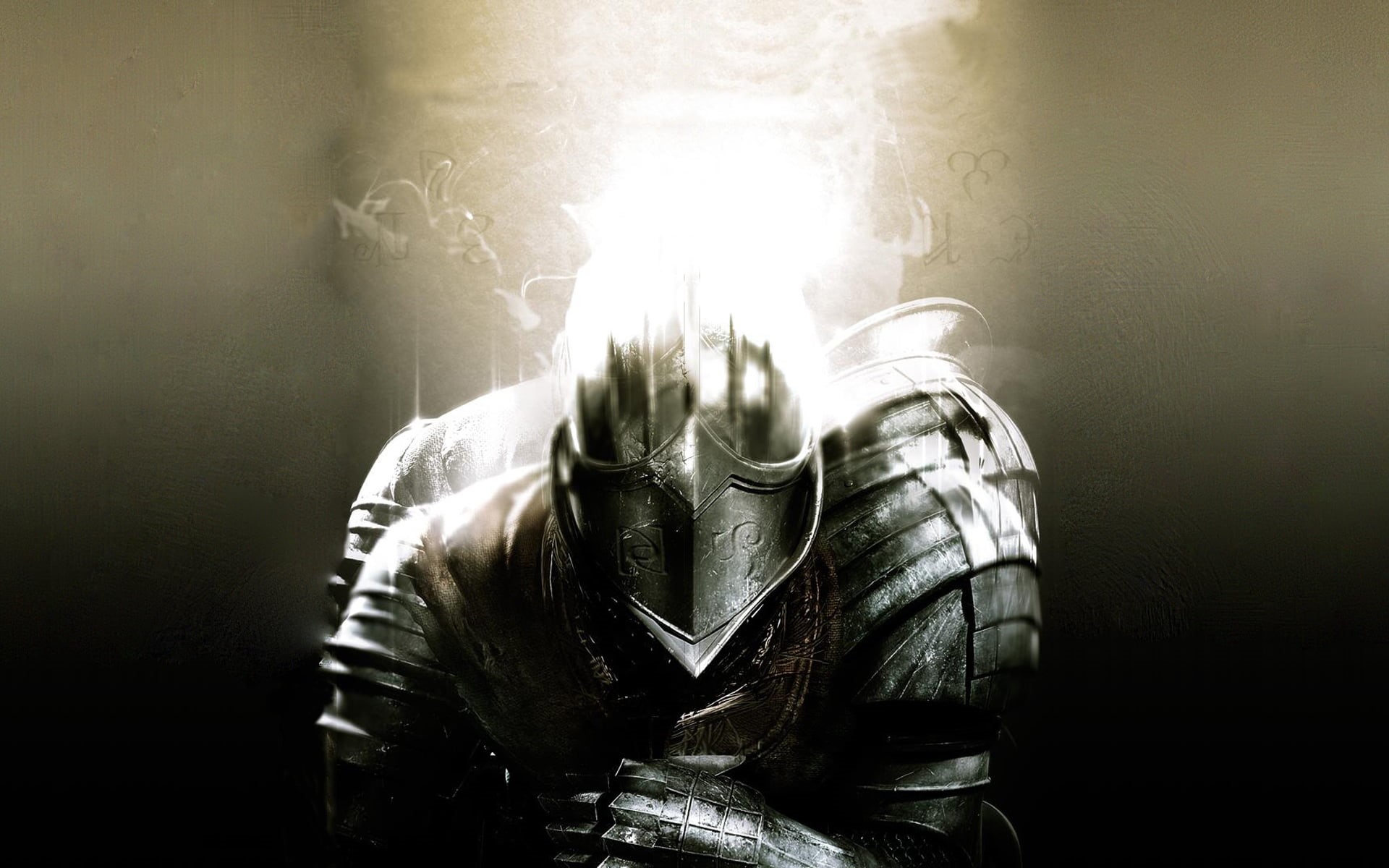 illuminated, gas mask, indoors, digital composite, adult, real people, mask, Dark Souls II, front view, 1080P, warning sign, knight, Dark Souls, HD Wallpaper