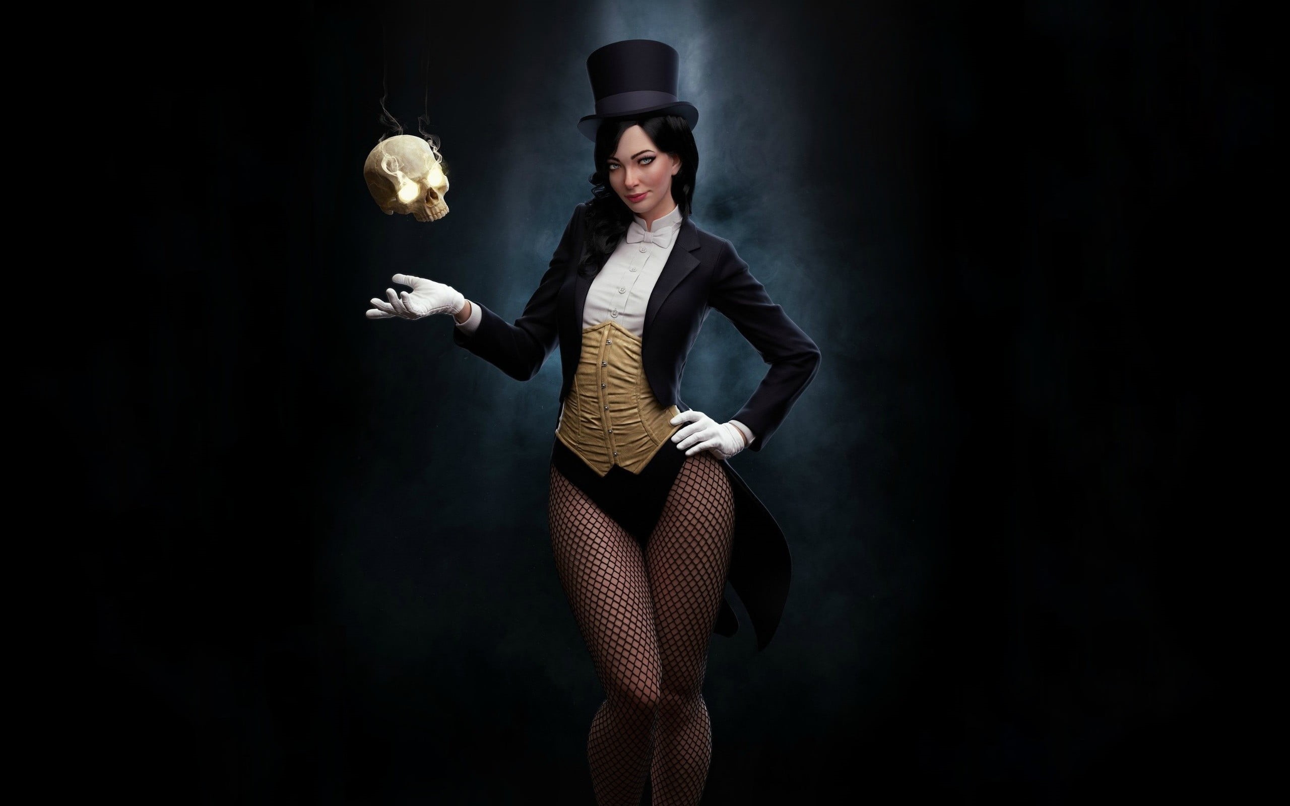 blazer, standing, young adult, indoors, fishnet, looking at camera, happiness, skull, Steferson Rocha, Zatanna, emotion, 2K, smiling, one person, beautiful woman, HD Wallpaper