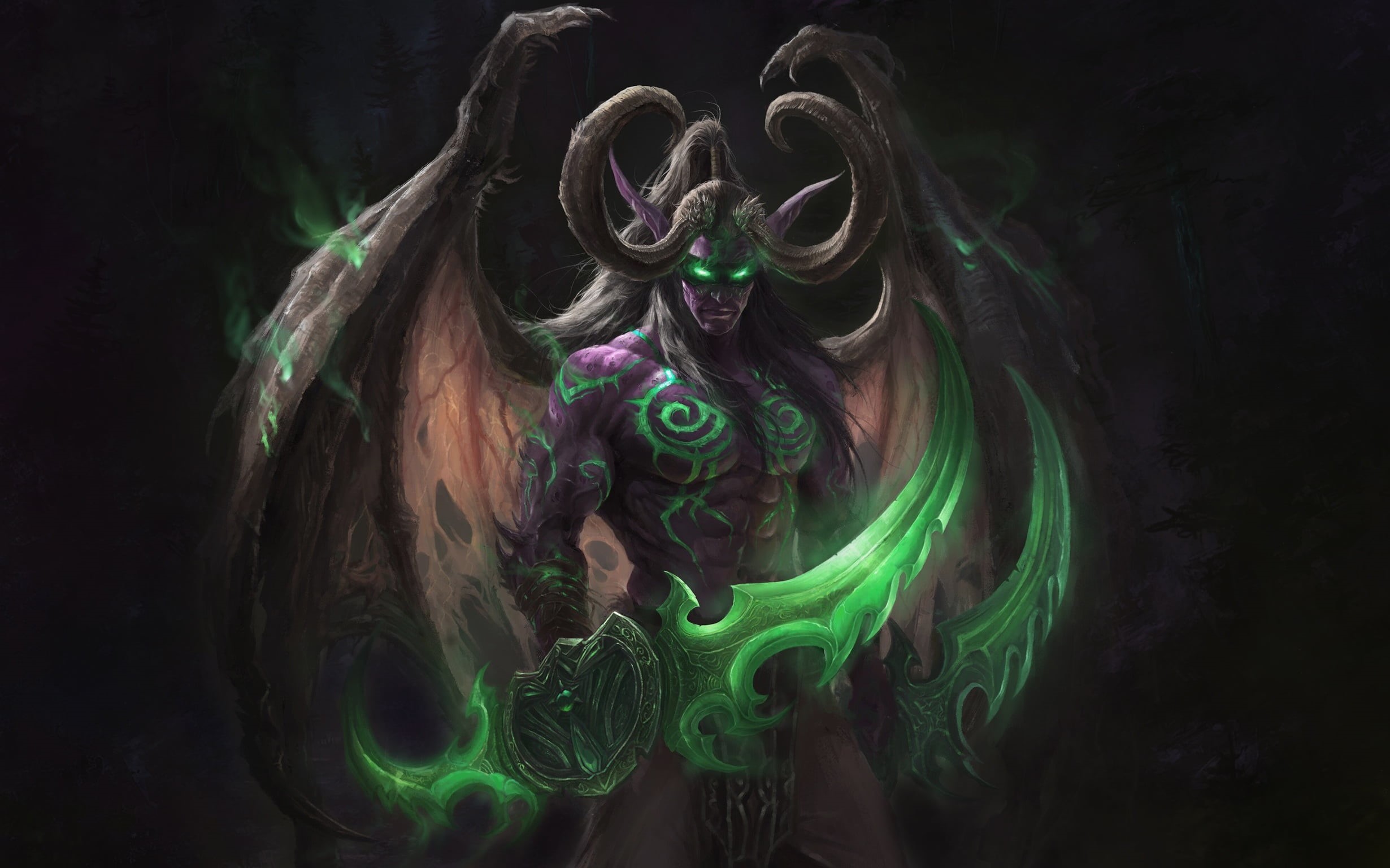 Night Elves, PC gaming, fantasy art, Fantasy Men, Illidan Stormrage, 1080P, glowing eyes, creature, demon, World of Warcraft, green eyes, horns, HD Wallpaper